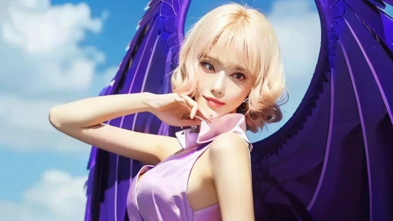 a close up of a woman in a pink dress with a purple wing