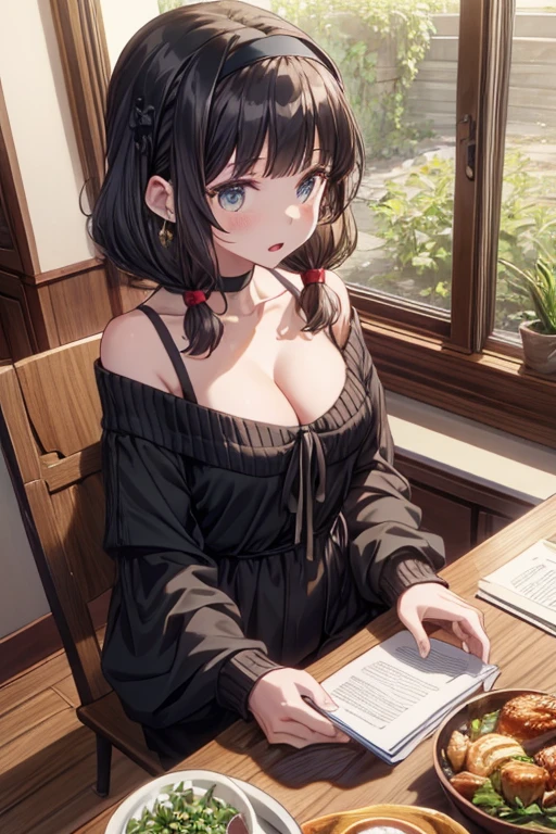 (from above:1.1),(from side:0.9),masterpiece, 1girl, Bust A Cup, Amazing Cleavage:1.1, thin waist, big ass, Raised sexy, small breast: 1.4 posed cleavage:1.2、solo, looking at viewer, open mouth, have a cute grass of cute beergrass,black hair, dark green eyes, dress, bare shoulders, jewelry, collarbone, sidelocks, hairband, earrings, indoors, off shoulder, :o, sweater, arms behind back, plant, short hair with long locks, gild hairband, off-shoulder dress, sweater dress, off-shoulder sweater, red sweater, dark gord hair, big side hair, very long side hair,is rendered in (masterpiece: 1.2, best quality), with (ultra high resolution) and an exquisite (depth of field). This masterpiece is not only visually stunning but also tells,A scene of cooking in the kitchen by classroom