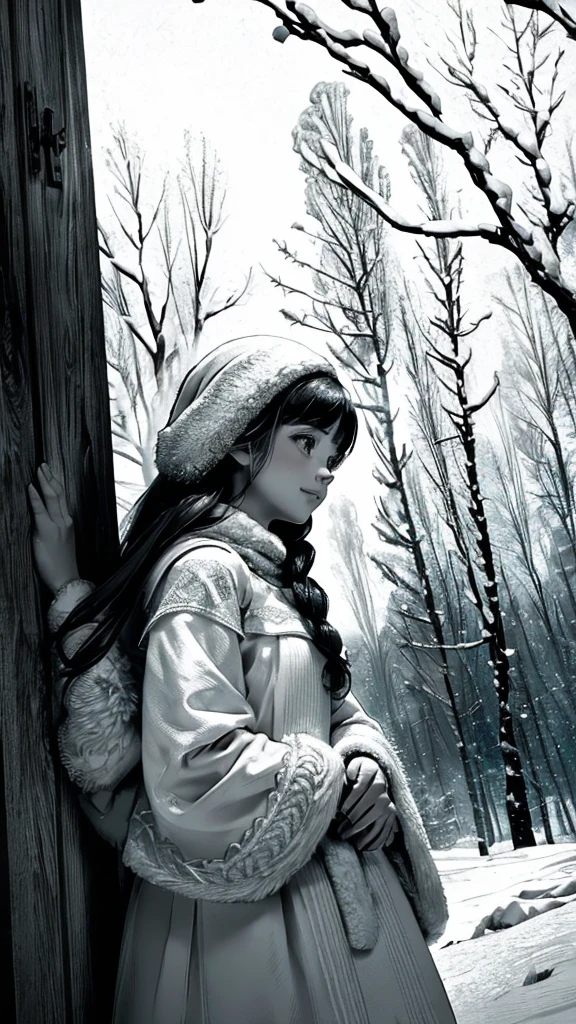 (best quality,black and white photography,highres,masterpiece:1.2),beautiful snowy landscape,girl playing in the snow,portrait of a girl,pure innocence,snowflakes dancing,fine details,charming smile,soft snow,frosty winter,crisp air,peaceful atmosphere,stark contrast,dramatic shadows,graceful posture,whimsical atmosphere,magical winter wonderland,ethereal beauty,serene tranquility,layers of snow,subtle shades of gray,vintage aesthetic,old-fashioned elegance,classic charm,dreamlike scenery,melancholic mood,timeless beauty,endearing innocence,majestic winter scene,sublime beauty,elegantly composed portrait,soft and delicate features,striking composition,subtle textures and patterns,snow-covered trees,whispering silence,gentle breeze,childlike joy,frozen wonderland,enchanted winter forest,dimly lit scenery