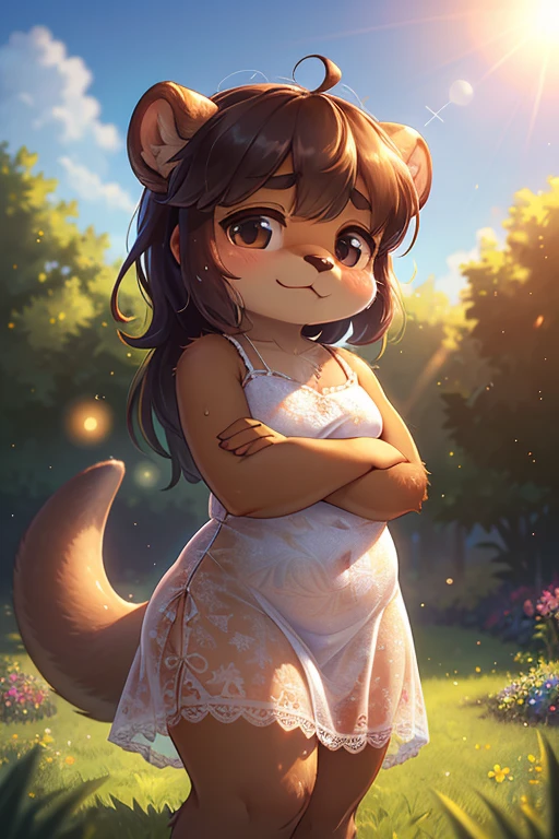 Bokeh , 1 hairy mature otter girl , Short stature , curvy , hige , realistic hairy fur , Round face, swollen cheeks, moist round eyes , hair ties , relax see-through summer dress , in the grass garden , sunlight , (flare:1.2) , (body line is visible:1.2), (Accurate light transmission calculations:1.5)