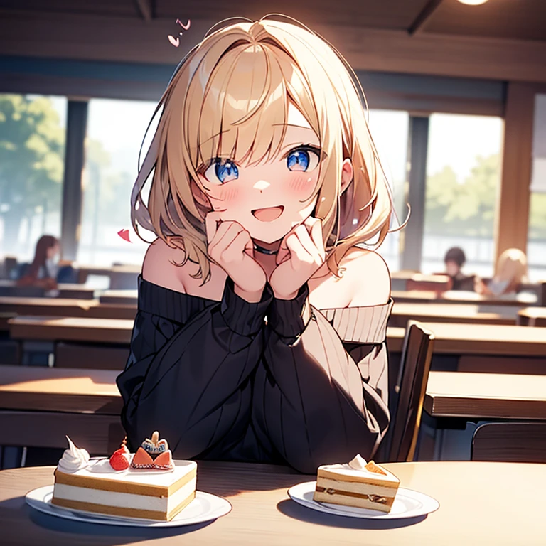Masterpiece, Top quality, 1 beautiful girl, (1cake:1.2) , (looking at cake on table:1.5), blond, wave Hair, medium hair, diagonal bangs, junior high school student, standard weight, Off-the-shoulder sweater, (delighted :1.5) , surprised:1.2, (with heart-shaped eyes :1.5), open big mouth, beautiful scene of cafe, blurry background, magnificent panorama view, from front, hands up