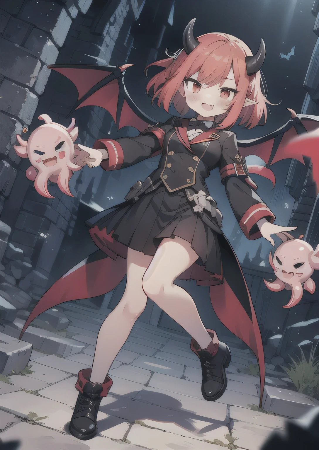 8K, 1girl, petit, adult, kawaii vampire, crimson hair, short hair, red eyes, fang, bat wings, smile, (blush), (shy), pointed ears, looking at viewer, dynamic angle, wind, game cg, fantastic scenery, demon tail, thin tail, black horns, medium breast, show full body, class uniform, dungeons, summon, magic, octopus, squid