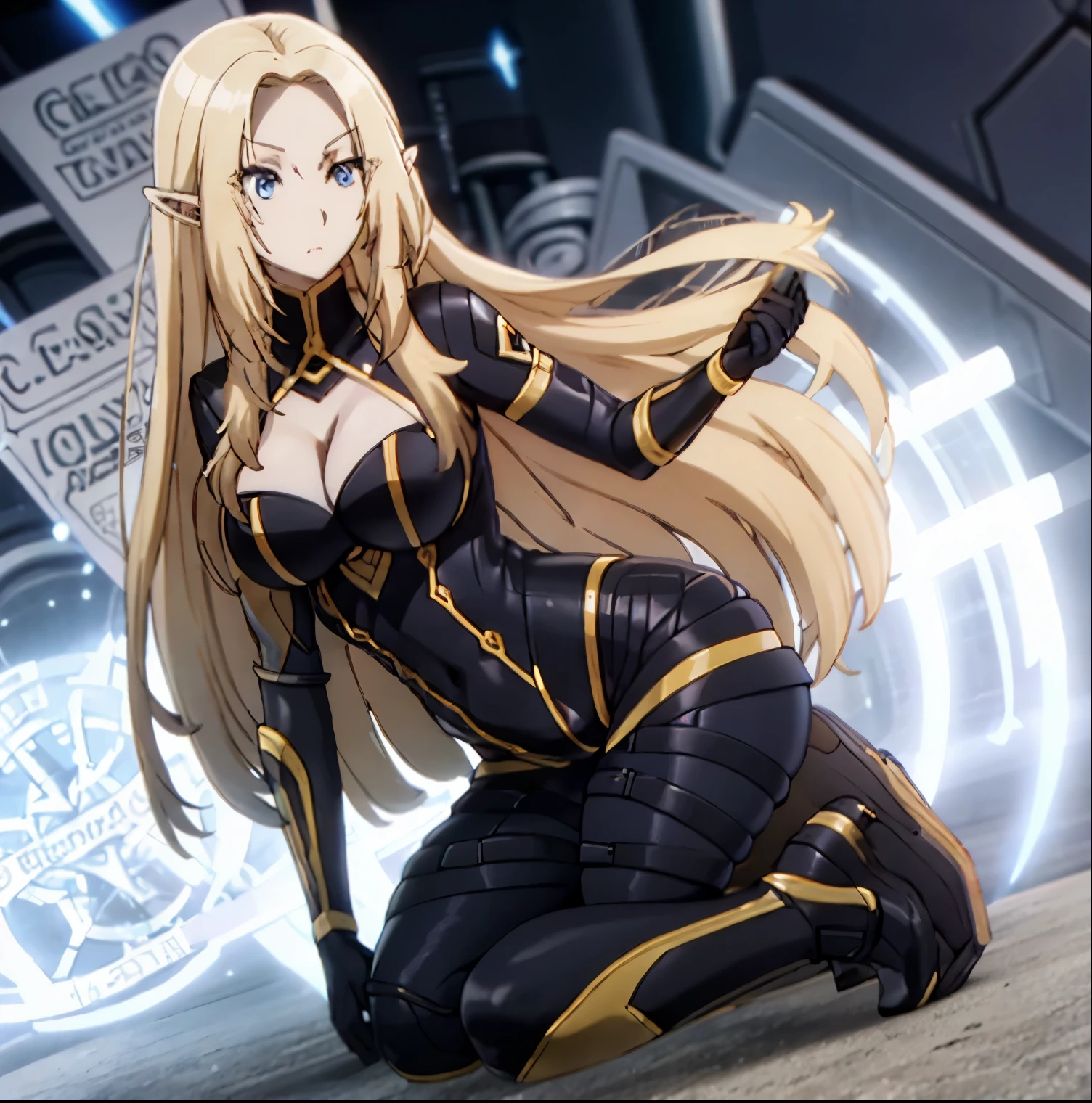 1girl, alone, alpha,black_bodysuit, blonde_hair, blue_eyes, bodysuit, boots, breasts, cleavage, covered_navel, elf, full_body, high_heels, long_hair, looking_at_viewer, medium_breasts, pointy_ears, full body, standing, thigh_strap, transparent_background, very_long_hair, perfect hands, perfect anatomy
