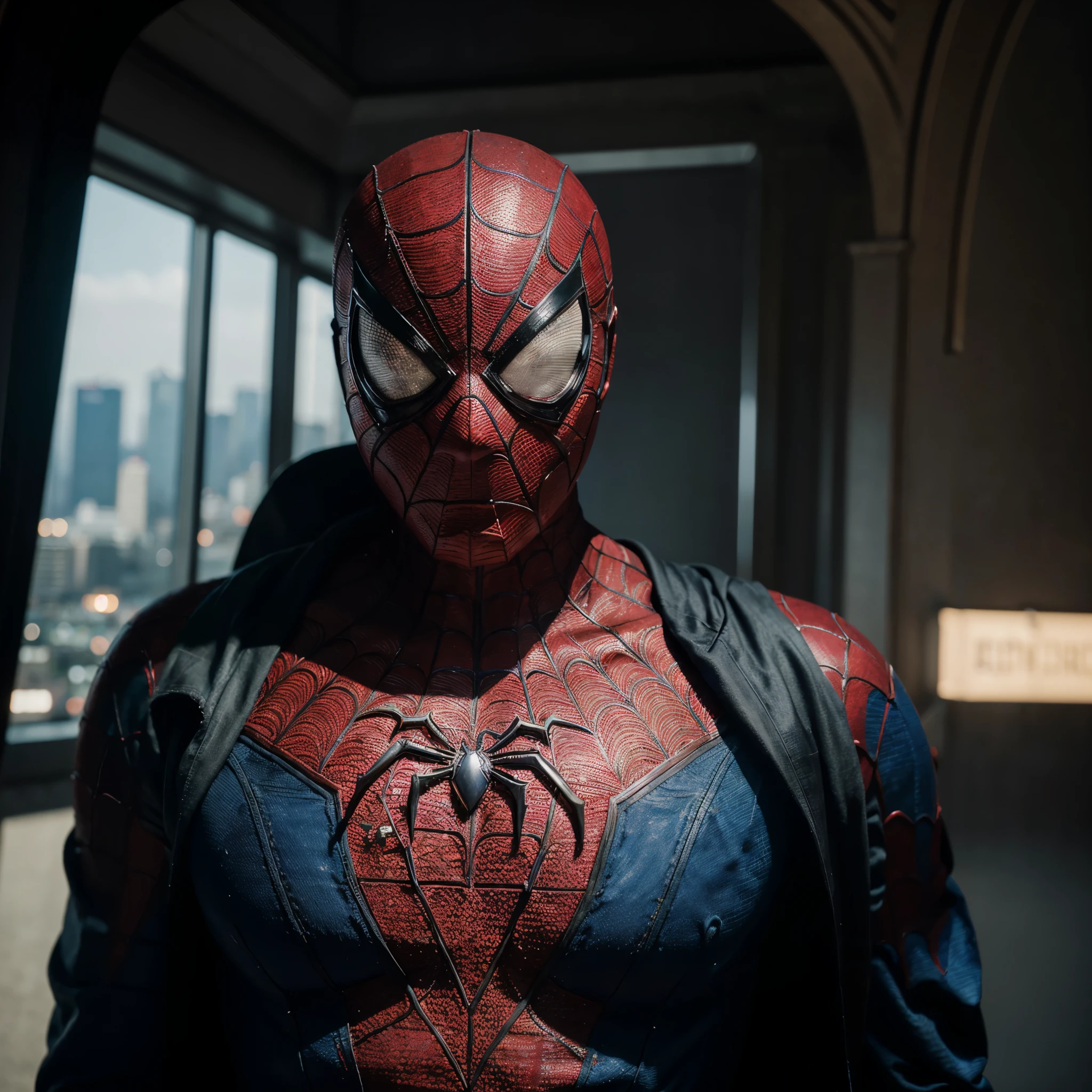 A stunning 8K photo of Spiderman, captured by Miki Asai, taking a selfie at the top of the Eiffel Tower. The web-slinging hero is seen in a close-up macro shot, with intricate details and sharp focus on his face and suit. The background reveals the iconic Parisian landmark, with a blurred cityscape in the distance. The overall ambiance of the photo is cinematic and highly detailed, showcasing the superhero's iconic features and the grandeur of the location., cinematic