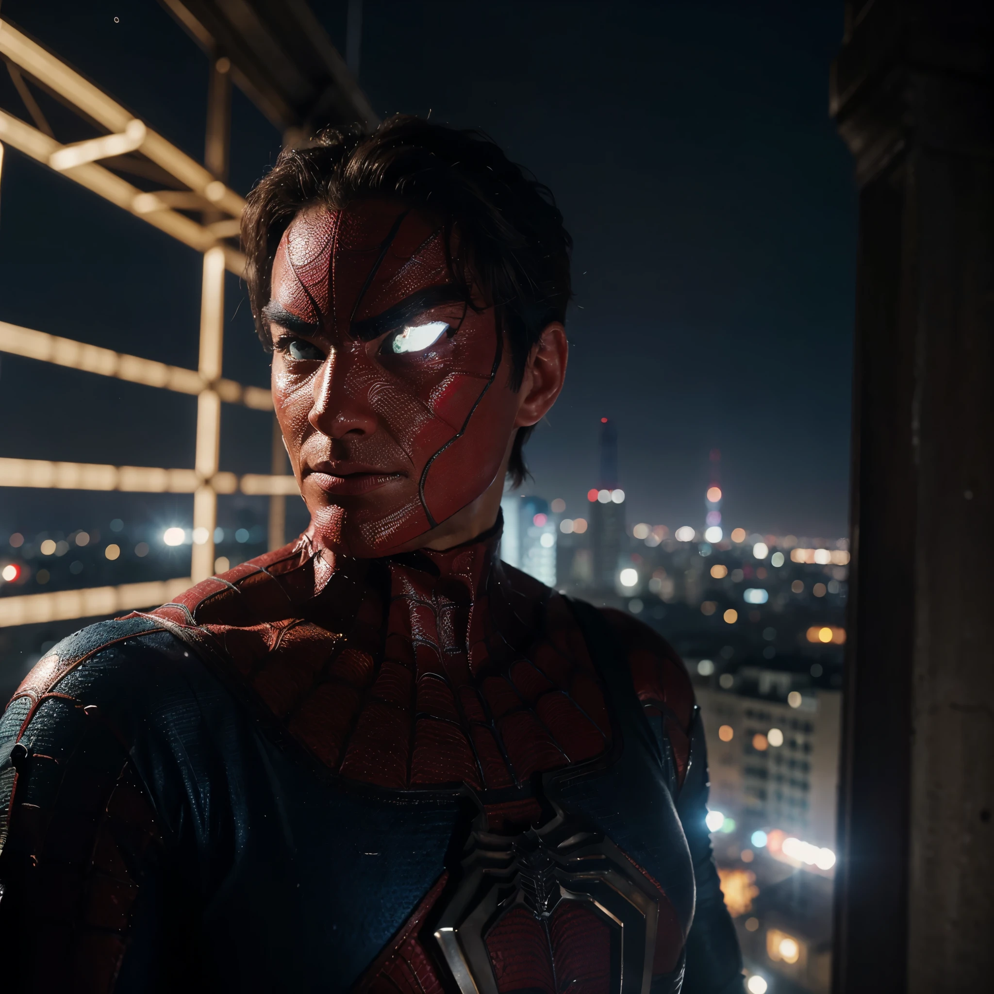 A stunning 8K photo of Spiderman, captured by Miki Asai, taking a selfie at the top of the Eiffel Tower. The web-slinging hero is seen in a close-up macro shot, with intricate details and sharp focus on his face and suit. The background reveals the iconic Parisian landmark, with a blurred cityscape in the distance. The overall ambiance of the photo is cinematic and highly detailed, showcasing the superhero's iconic features and the grandeur of the location., cinematic