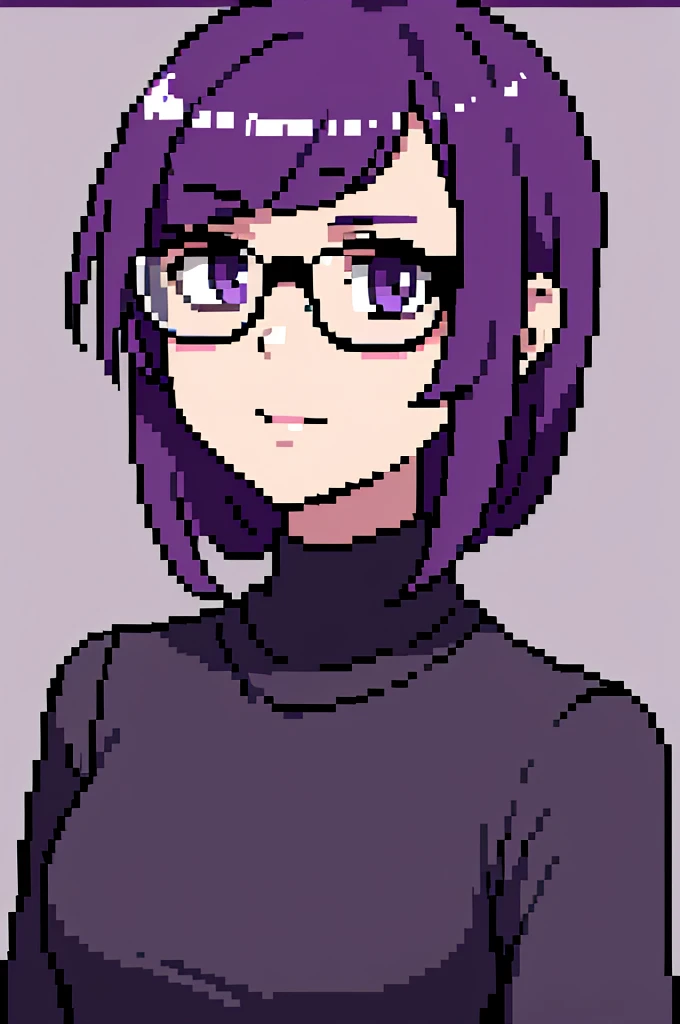 (Obra de arte, Maximum quality, melhor qualidade) girl, face only, black and purple hair, round glasses, pixel art, face and shoulder only, using a sweater, grape hair clip