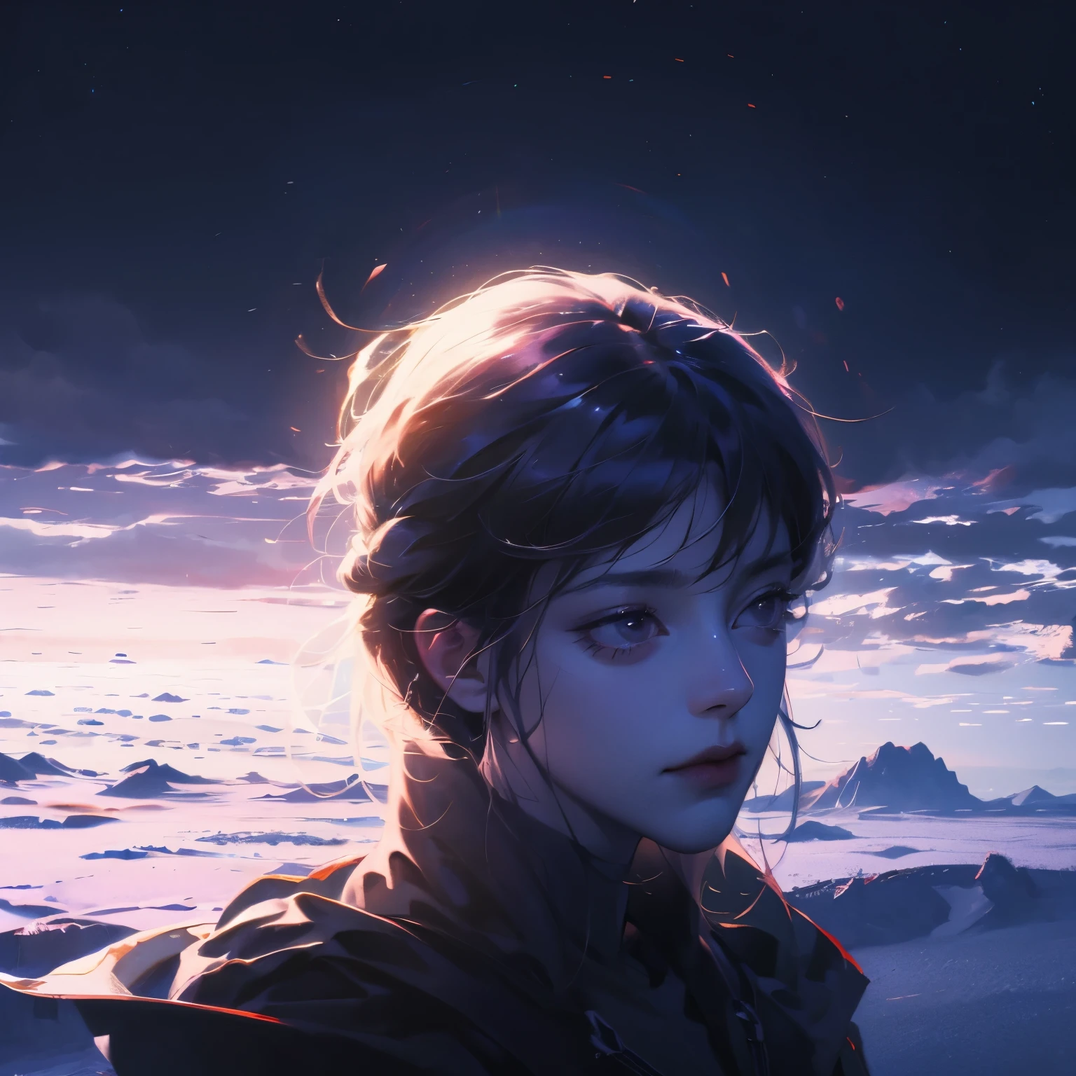Create a portrait of a contemplative person in a stunning landscape, This piece requires excellent lighting