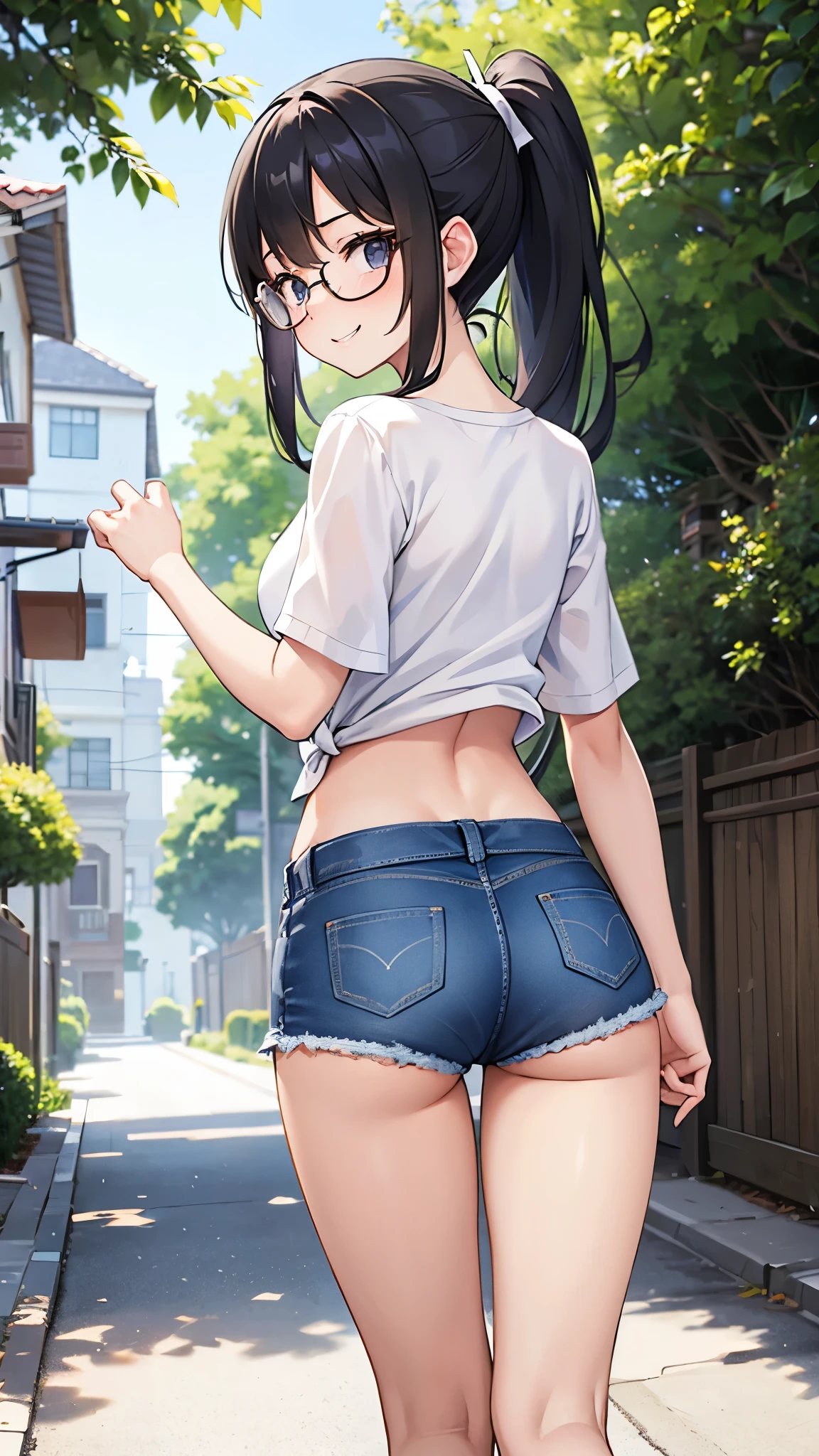 short girl, long hair, ponytail, beautiful smile, embarrassed, looking back, quiet neighborhood ,, , , slim belly, White top, denim shorts, thin black glasses,