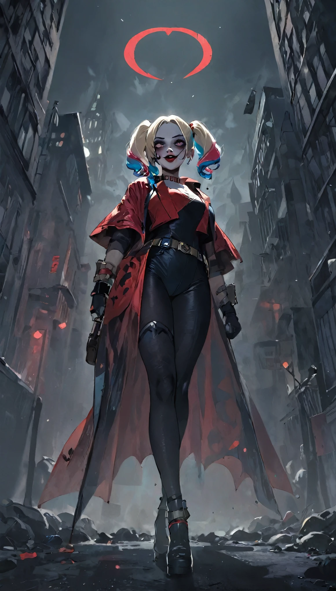 ((need)), ((masterpiece)), (Detailed), (Fantasy Illustration:1.3),(Cinema Lighting，《Suicide Squad》，night:1.6)，Mysterious aura of ghosts，Red eyes，Meniscus，Red Moon，pay，，Close-up of a bat，Harley Witch， solo， Black Cape，Dynamic style infuses mystery into the scene，A strong atmosphere of suspense and horror。Harley Quinn&#39;s serious expression conveyed a sense of danger and intrigue.，For I sailed through dark and sinister streets，Sinister characters lurking in the shadows，Its menacing presence heightens the suspense.。The scene is filled with dramatic lighting，Casts an eerie glow and deep shadows，Creates a sense of impending doom and fear。nightの明暗法の通り，枝の質感と提灯のDetailed描写，Lanterns hanging from a tree，There are flowers blooming there, Dim lighting，Background blur，Soft lighting, Dim Light, Spooky lantern lighting，peaceful and scary atmosphere，Mysterious and dark，Detailed照明効果，soft color change，The branches of the lantern are drawn eerily.。Ghosts float in the smoke， A seductive gaze, Mystical Sky,月night, pastel colour, (High resolution:1.2)