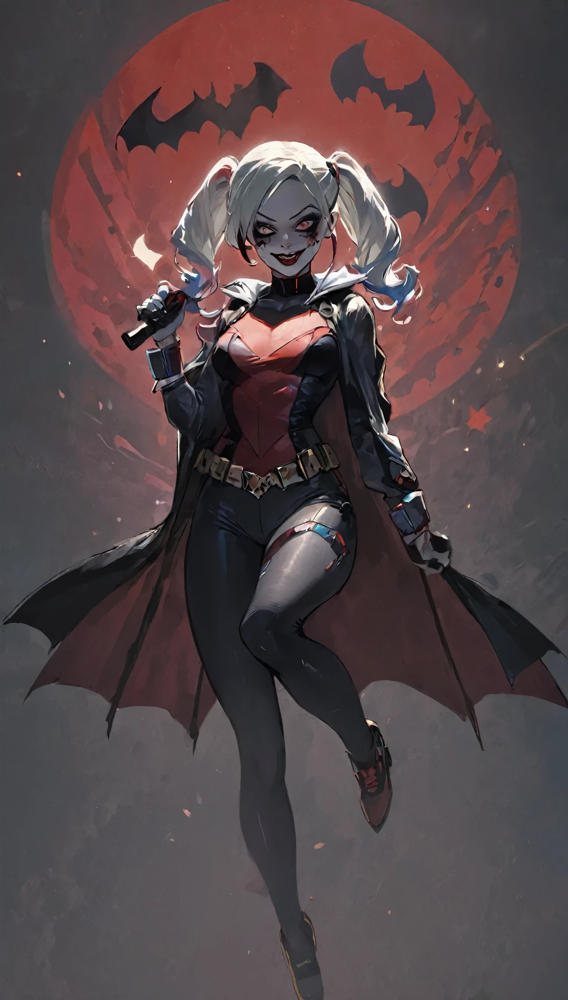 ((need)), ((masterpiece)), (Detailed), (Fantasy Illustration:1.3),(Cinema Lighting,《Suicide Squad》,night:1.6),Mysterious aura of ghosts,Red eyes,Meniscus,Red Moon,pay,,Close-up of a bat,Harley Witch, solo, Black Cape,Dynamic style infuses mystery into the scene,A strong atmosphere of suspense and horror。Harley Quinn's serious expression conveyed a sense of danger and intrigue.,For I sailed through dark and sinister streets,Sinister characters lurking in the shadows,Its menacing presence heightens the suspense.。The scene is filled with dramatic lighting,Casts an eerie glow and deep shadows,Creates a sense of impending doom and fear。nightの明暗法の通り,枝の質感と提灯のDetailed描写,Lanterns hanging from a tree,There are flowers blooming there, Dim lighting,Background blur,Soft lighting, Dim Light, Spooky lantern lighting,peaceful and scary atmosphere,Mysterious and dark,Detailed照明効果,soft color change,The branches of the lantern are drawn eerily.。Ghosts float in the smoke, A seductive gaze, Mystical Sky,月night, pastel colour, (High resolution:1.2)