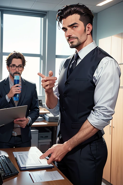 Mercedes a {{middle-aged vendedor masculino}}, in the office, acusando um {{vendedor masculino}}} e um {{fevendedor masculino}}