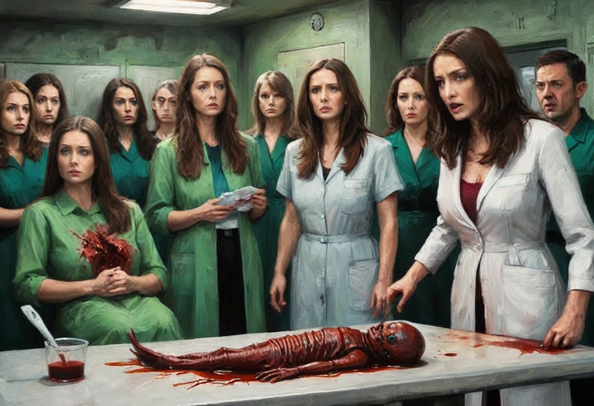 A scary alien walks down a line of scared crying women deciding who to dissect, set in an slimy alien prison, scary bloody dissection table and bloody alien tools near it
