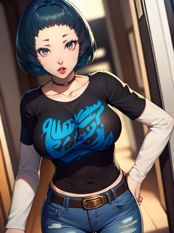 fuukap3, short hair ,glossy lips ,blue hair, 1girl, solo, black t-shirt, white shirt, blue jeans, belt, lipstick, large breasts,