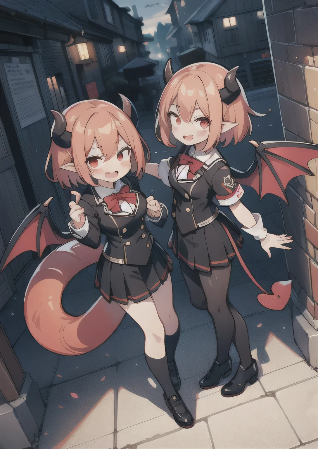 8K,  1girl, petit, adult. kawaii vampire, crimson hair, short hair, red eyes, fang, bat wings, smile, (blush), (shy), pointed ears, devil tail, looking at viewer,  dynamic angle, wind, game cg, fantastic scenery, demon tail, thin tail, black horns, medium breast, show full body, class uniform, red panda pet  