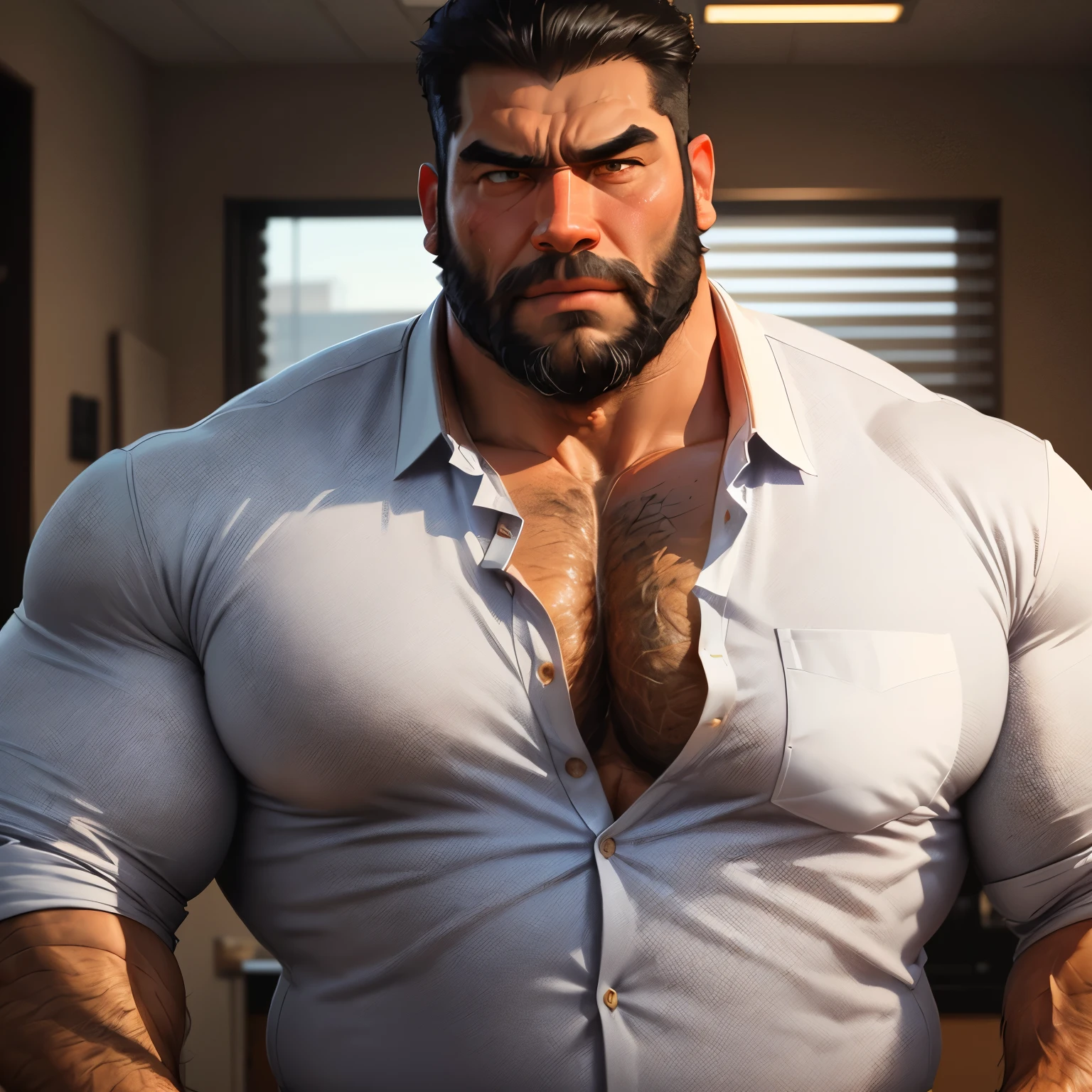 an exaggeratedly muscular and large bodyguard, (grizzly old man: 1.1), greying black hair, beard, tan skin, (scars on face: 1.1), (stern expression: 1.1), (wearing casual business shirt: 1.2), small name tag on shirt, (bara pecs: 1.3), (hairy chest and arms: 1.2), portrait HD, business office