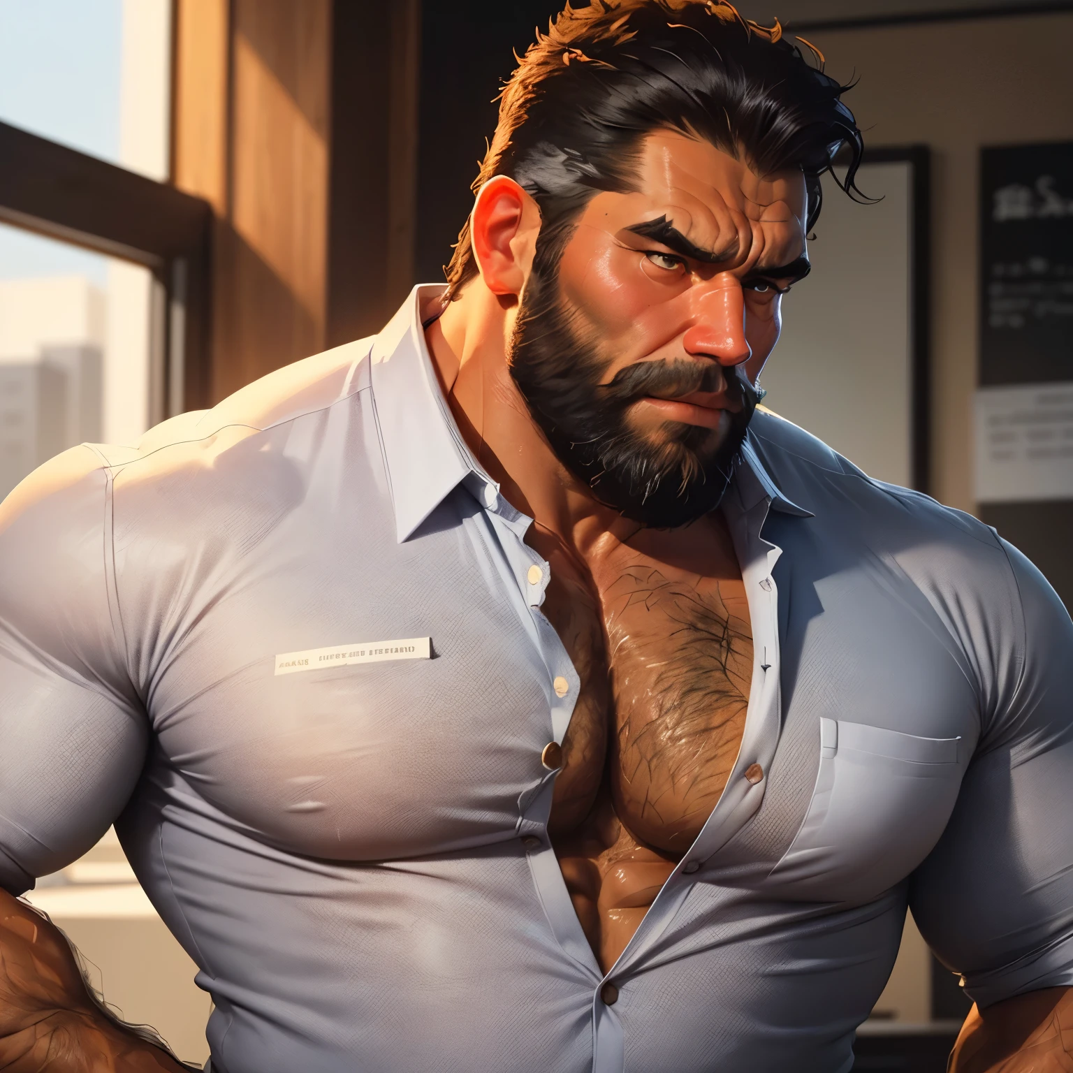 an exaggeratedly muscular and large bodyguard, (grizzly old man: 1.1), greying black hair, beard, tan skin, (scars on face: 1.1), (stern expression: 1.1), (bara pecs: 1.3), (hairy chest and arms: 1.2), close-up portrait HD, business office, erect cock, erect penis