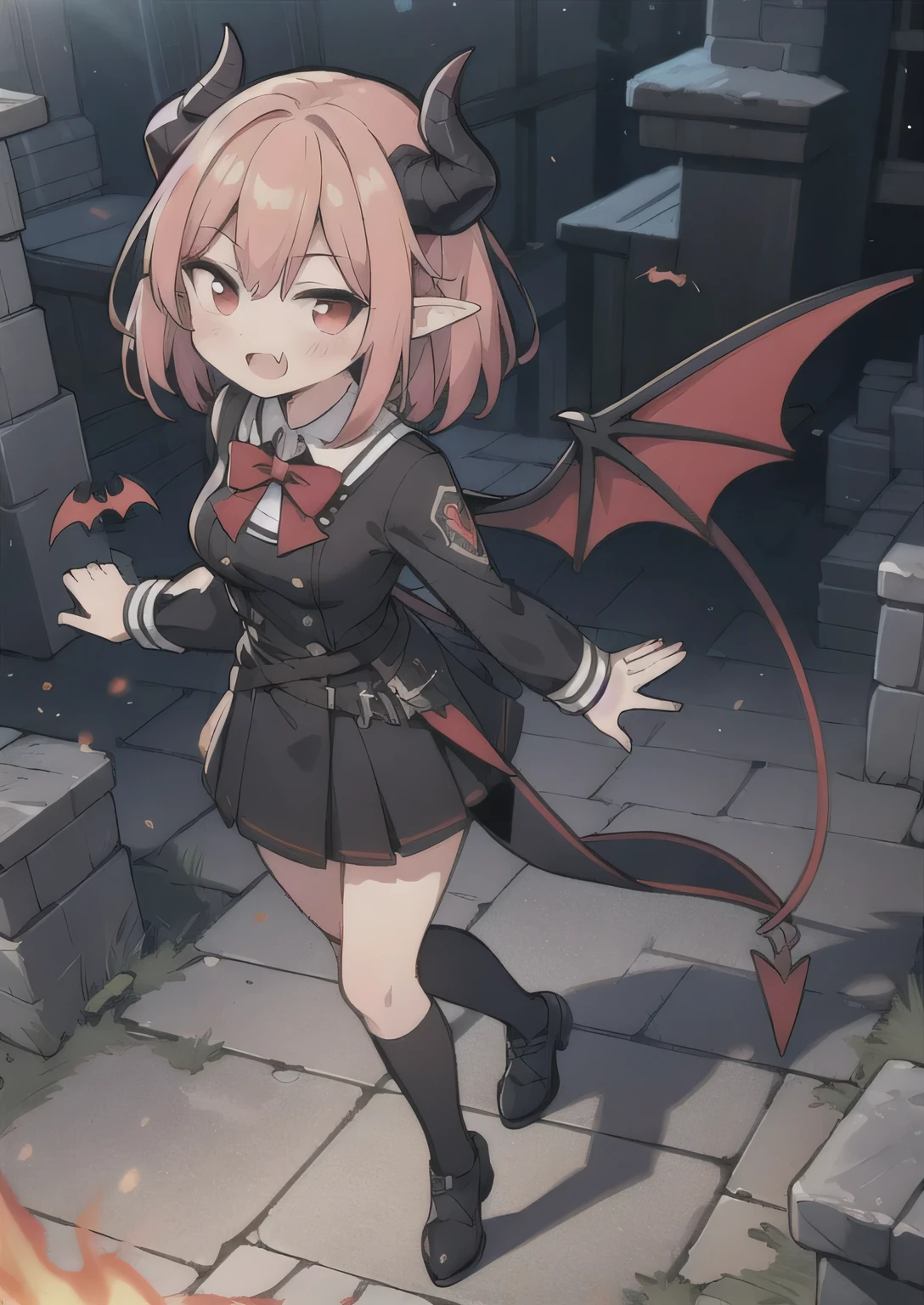 8K, 1girl, petit, adult, kawaii vampire, crimson hair, short hair, red eyes, fang, bat wings, smile, (blush), (shy), pointed ears, looking at viewer, dynamic angle, wind, game cg, fantastic scenery, demon tail, thin tail, black horns, medium breast, show full body, class uniform, dungeons, summon, magic, bats