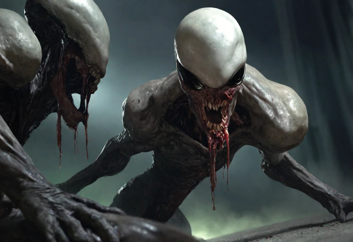  ((best quality)), ((masterpiece)), (detailed), an alien creature, humanoid, (gigeresque), (velociraptor form), pale, milk-white skin, translucent skin, smooth skin texture like a dolphin, no hair, round head, (bulbous head), (xenomorph head), (atrophied eye sockets), (smooth face), (bright prominent gums), (a long tongue like an elephant trunk coming out of the mouth with a squid-like beak at the tip), (protrusions along a skeletal ridged back), (breathing holes on the chest), a tail that splits into three tentacles, (walking on long skinny arms), where the legs would be is another set of arms that are used for grabbing, H R Giger, Clive Barker's The Thing, xenomorph, predator, Engineer, dinosaur, sci fi horror, cosmic horror 