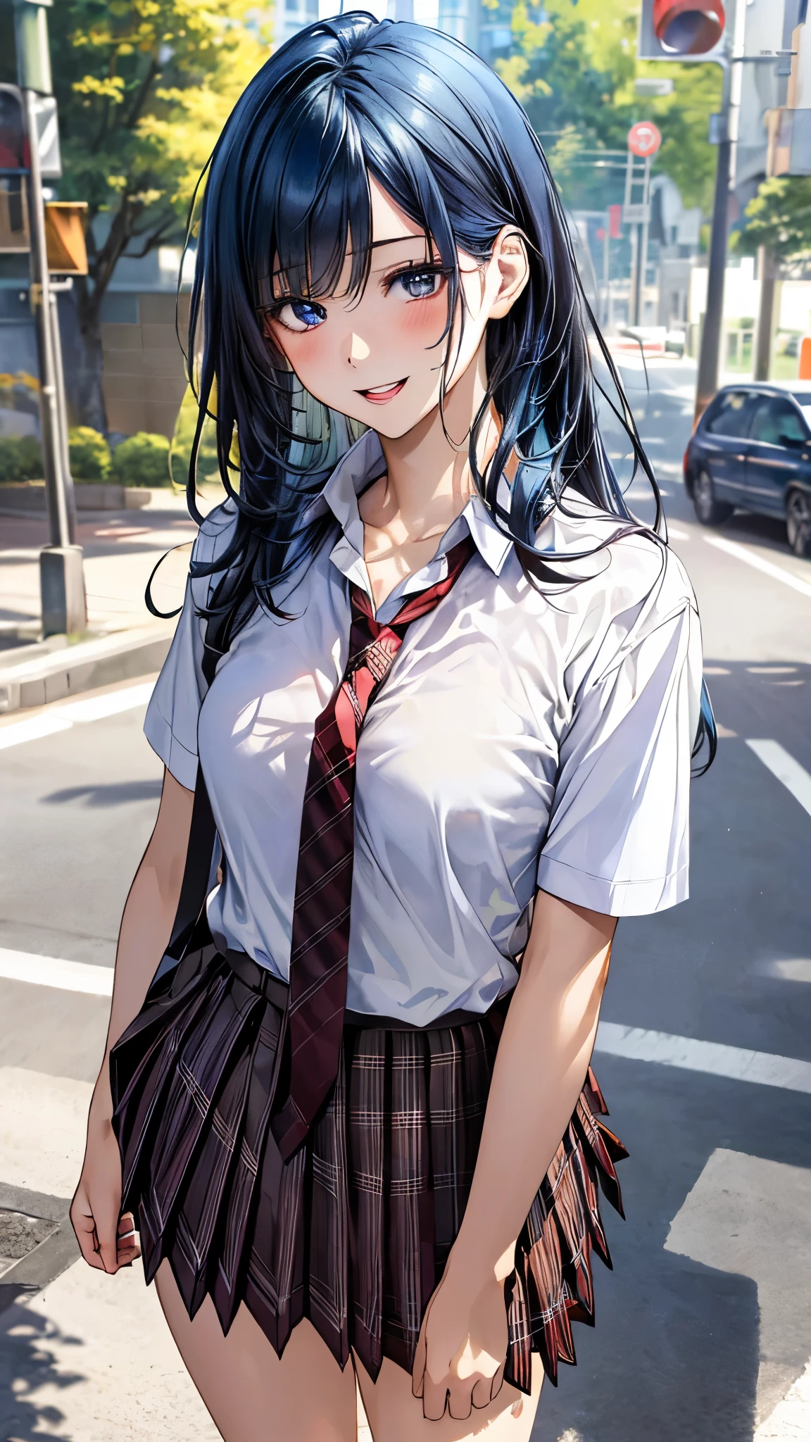 (masterpiece:1.3, top-quality, ultra high res, ultra detailed), (realistic, photorealistic:1.4), beautiful illustration, perfect lighting, natural lighting, colorful, depth of fields, ,
beautiful detailed hair, beautiful detailed face, beautiful detailed eyes, beautiful clavicle, beautiful body, beautiful chest, beautiful thigh, beautiful legs, beautiful fingers, shiny skin,
looking at viewer, 1 girl, japanese, high school girl, (perfect anatomy, anatomically correct, super detailed skin), cute and symmetrical face, babyface, perfect face, perfect eyes,
(long hair, straight hair, sidelocks, blue hair), bangs, dark blue eyes, long eyelashes, (medium breasts, seductive thighs), slender, outstanding style,
((detailed cloth texture, short sleeve white collared shirt, over plaid green pleated skirt, dark red tie), white socks, black loafer),
(beautiful scenery), evening, summer, (sidewalk, traffic light, grassy), standing, hand on chest, (lovely smile, open mouth),
