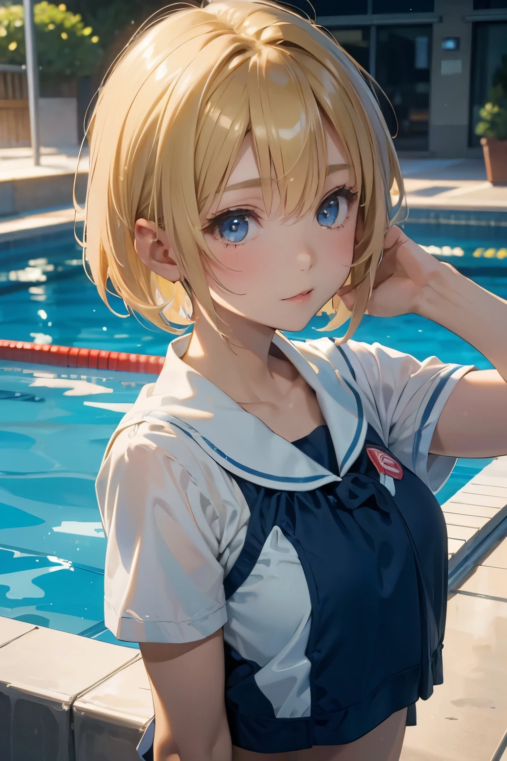 close up of face、blonde、short hair、girl1、、pool、school swimwear、reach out