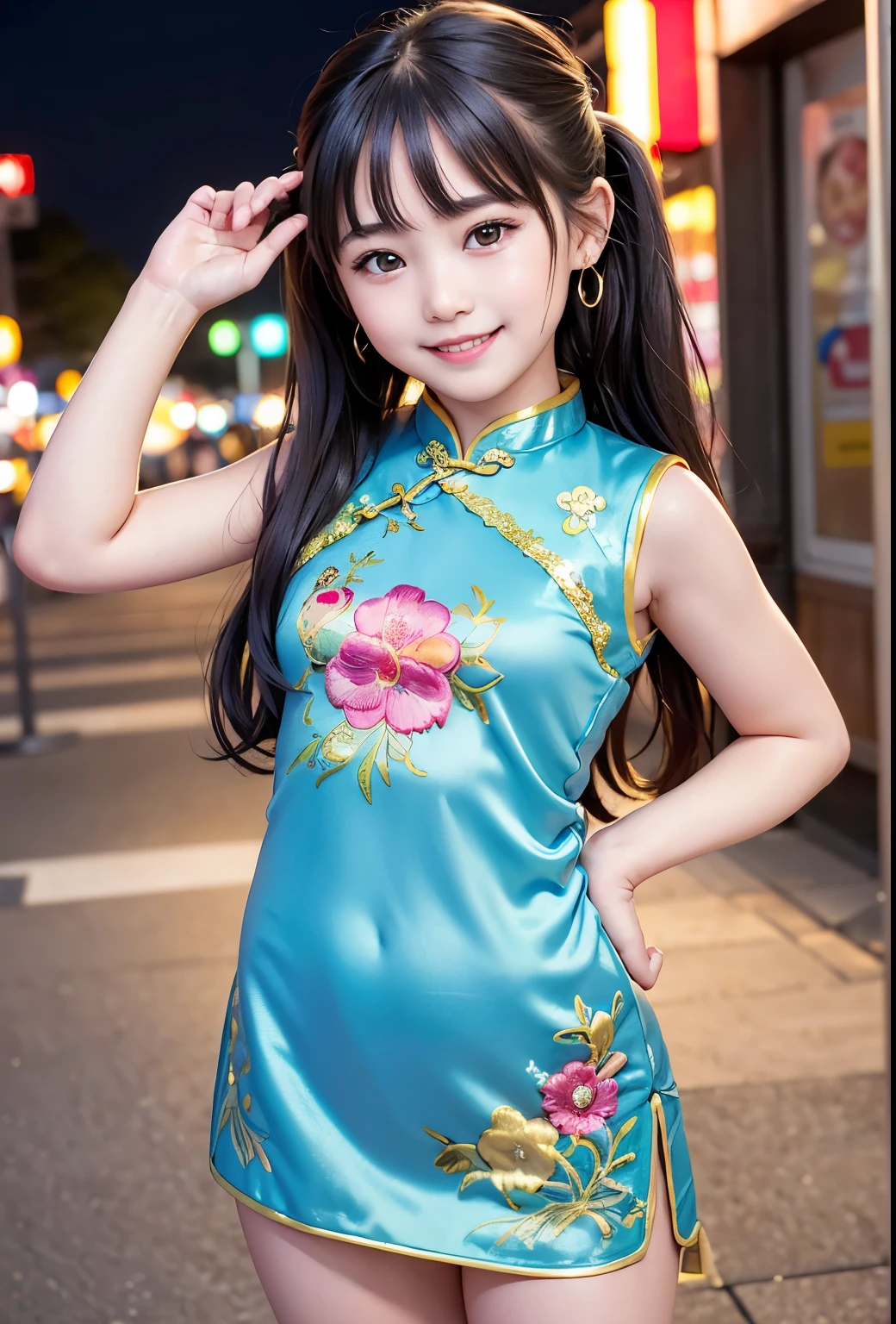 (highest quality,masterpiece:1.3,Ultra-high resolution),(Very detailed、Caustics) (Photorealistic:1.4, RAW shooting、)Ultra-Realistic Capture、Very detailed、Natural skin texture、masterpiece、(Embroidered sequined cheongsam:1.3)、1 Japanese girl、Adorable expression、Expressions of Happiness、、smileのとても幼い10歳、 (((the face of a very young cngly cute、Twin tails、Curly Hair、Black Hair、Hair Scrunchie、Earrings、necklace、light makeup、A big bust that seems to burst、Bare arms、(Beautiful naked thighs)、This photo was taken in front of a sex shop downtown at night..、Shining thighs、Shooting from the side、smile、An inviting gaze、