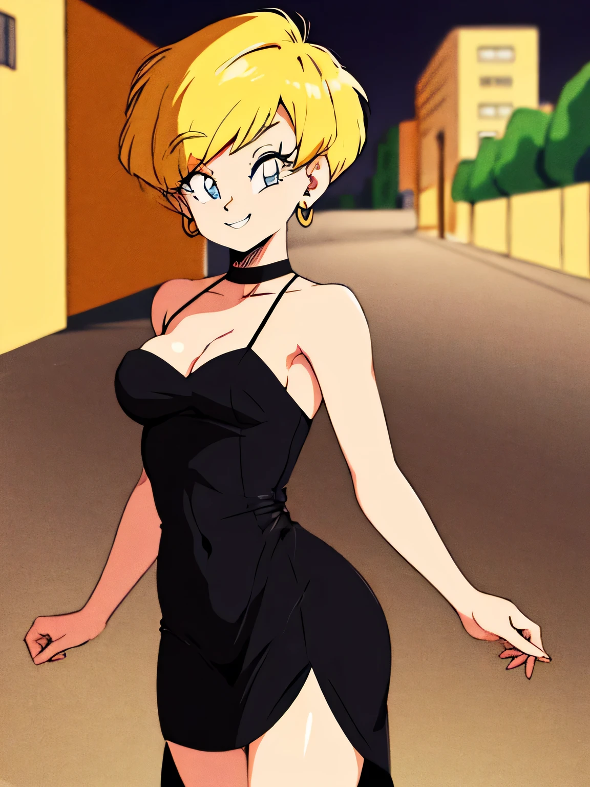 erasa, blonde hair, short hair, blue eyes, earrings, masterpiece, best quality, very aesthetic, absurdres, taut dress, spaghetti strap, black dress, sleeveless, night, street, standing, cowboy shot, medium breast, smile, 1 girl, solo