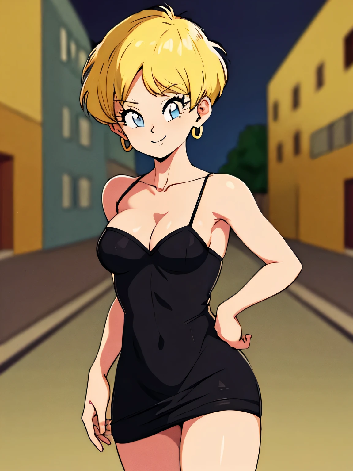 erasa, blonde hair, short hair, blue eyes, earrings, masterpiece, best quality, very aesthetic, absurdres, taut dress, spaghetti strap, black dress, sleeveless, night, street, standing, cowboy shot, medium breast, smile, 1 girl, solo 