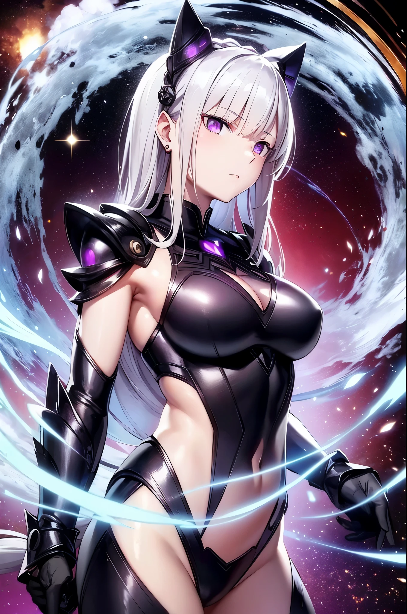 Emilia re:zero, purple eyes, Emilia, crown braid, x hair ornament, flower hair ornament, white hair, long hair, medium breasts, high res, intricate background, galaxy background, nebula, comet, planets, cat woman, 25 years old, white hair, top half shot, black body armor, white cloth covering breasts, black and red tattoos on face and left shoulder, long black jewelry from left ear, black choker