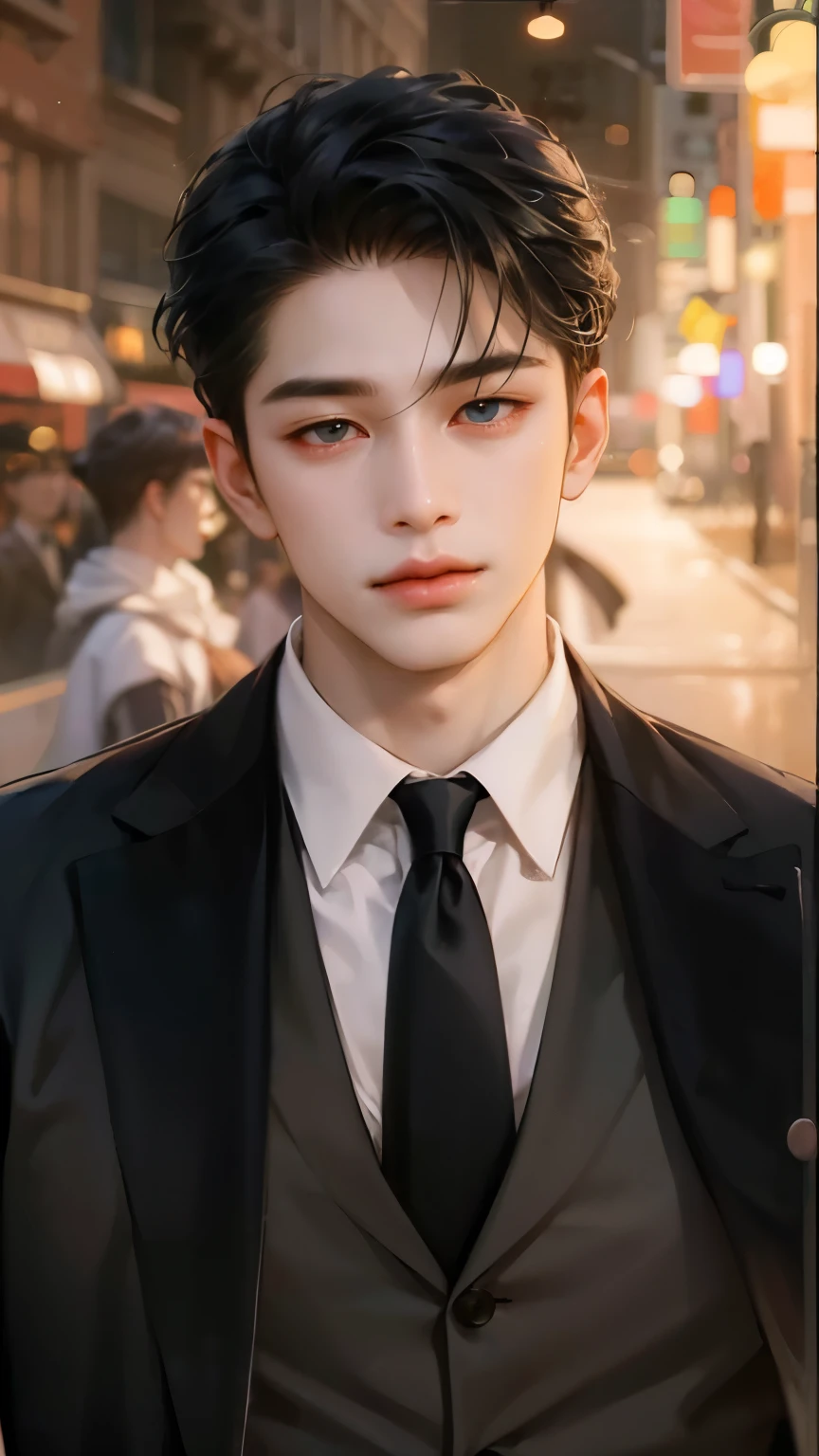 hay un hombre con traje y corbata parado en la calle, Inspirado por Zhang Han, hombre guapo animado, beautiful androgynous prince, handsome stunning realista, Chico anime alto con ojos azules., delicate androgynous prince, inspirado en Yanjun Cheng, cai xukun, chico guapo en el arte de Demon Slayer, realista. cheng yi, pose de anime guapo