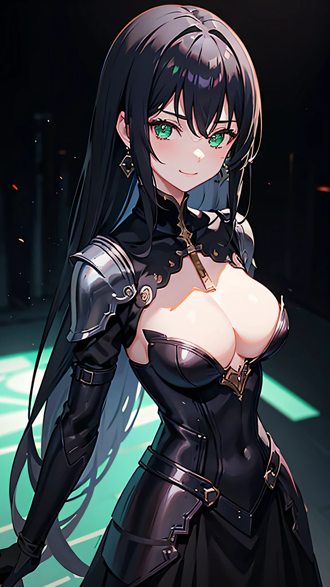 1 of 1 girls, armor, black_hair, Blurred, Blurred_background, Blurred_prospect, chest, green_eye, Closed_mouth, depth_of_Field, Earrings, jewelry, length_hair, Looking_in_Audience, smile, One person in, upper_body