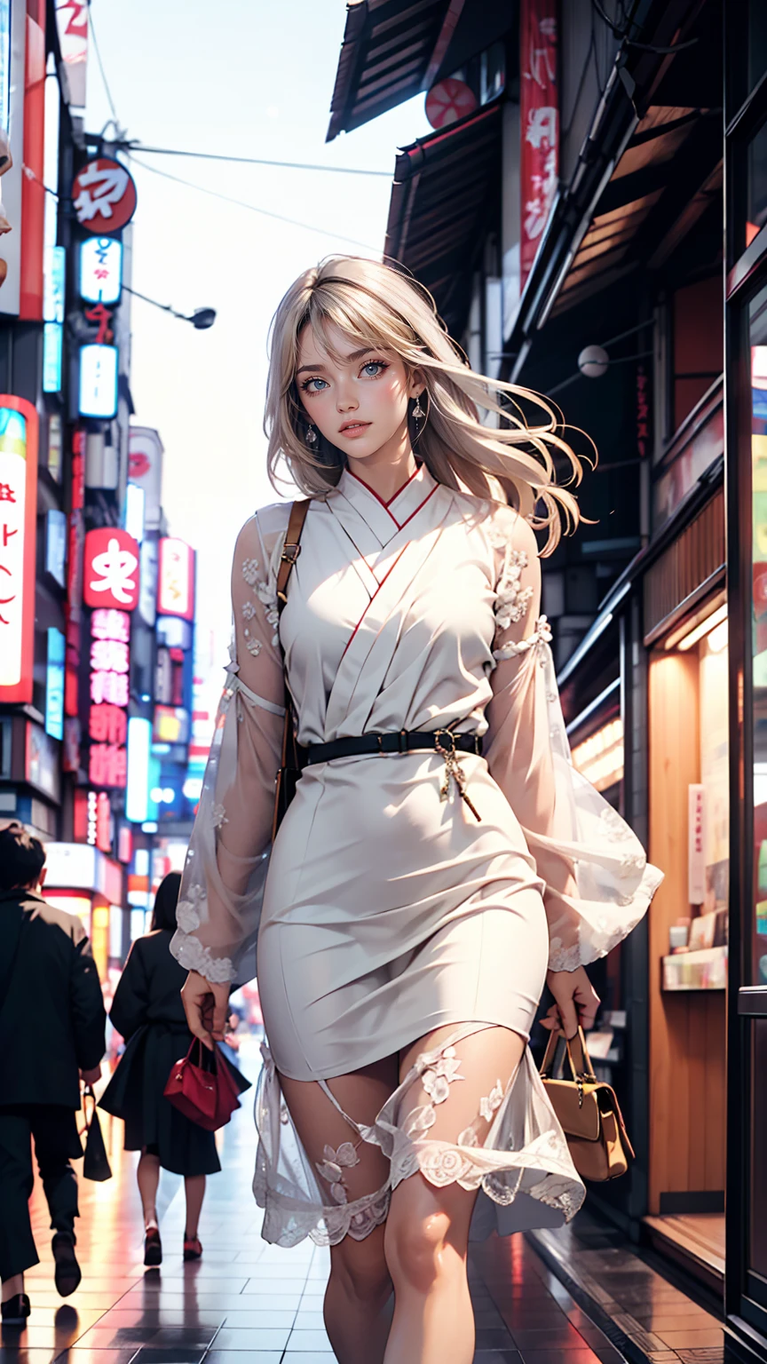 Tokyo, Kabukicho, Long hair blowing in the wind, Silver Hair, High resolution, dress、White woman、smile、Walking briskly