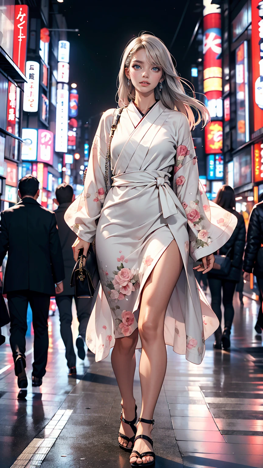 Tokyo, Kabukicho, Long hair blowing in the wind, Silver Hair, High resolution, dress、White woman、smile、Walking briskly