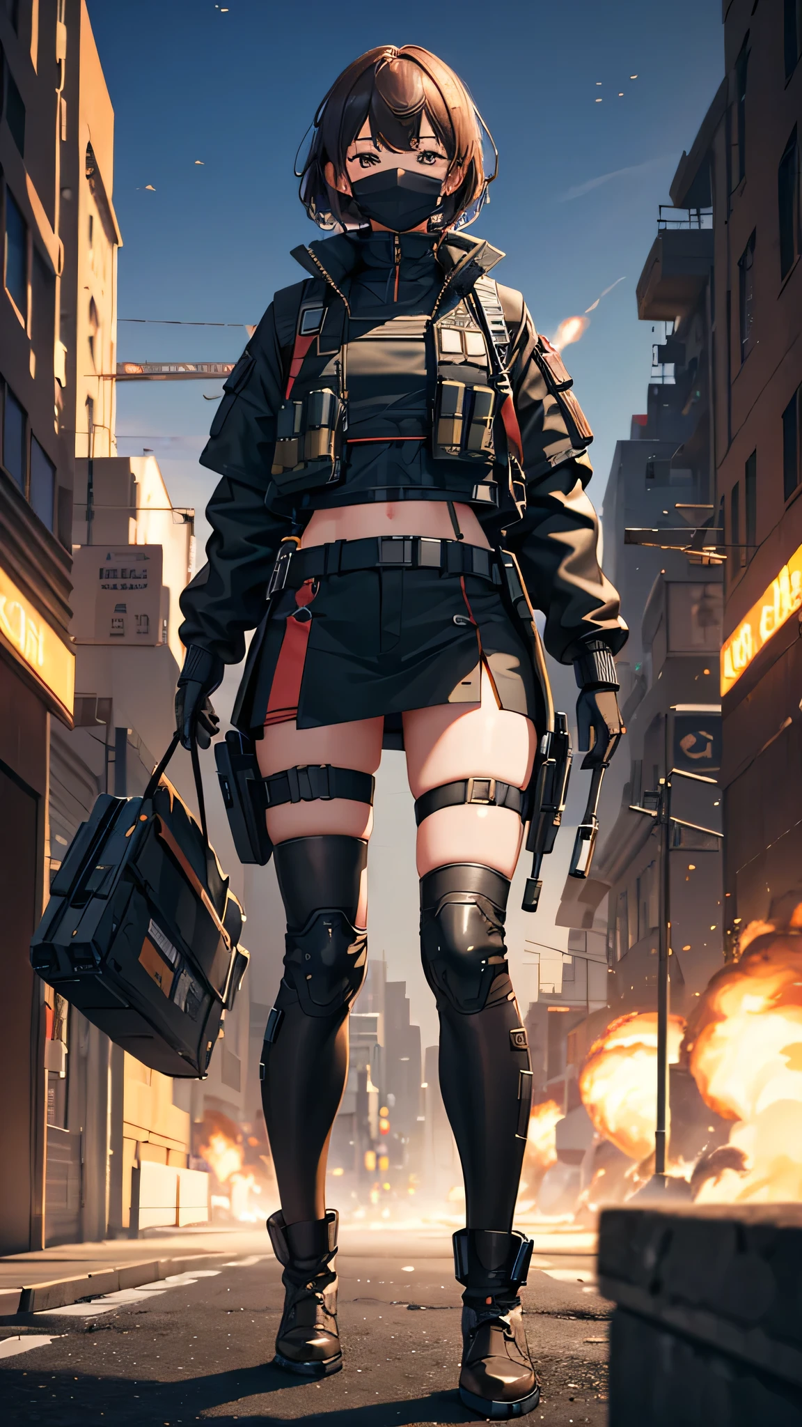 ((high quality)), ((masterpiece)), 8k, One girl, Bulletproof vest, light, Highly detailed CG Unity 8k wallpaper, Game CG, View your viewers, gloves, boots, whole body, clock, computer, mask, Drone, Have a weapon, Jacket, (Background Destroyed city , explosion , cigarette