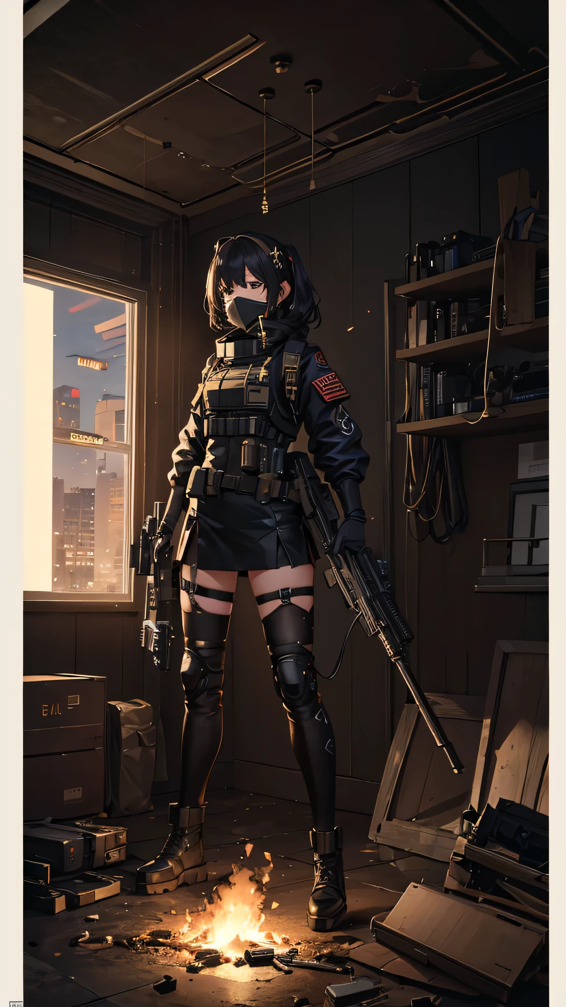 ((high quality)), ((masterpiece)), 8k, One girl, Bulletproof vest, light, Highly detailed CG Unity 8k wallpaper, Game CG, View your viewers, gloves, boots, whole body, clock, computer, mask, Drone, Have a weapon, Jacket, (Background Destroyed city , explosion , cigarette