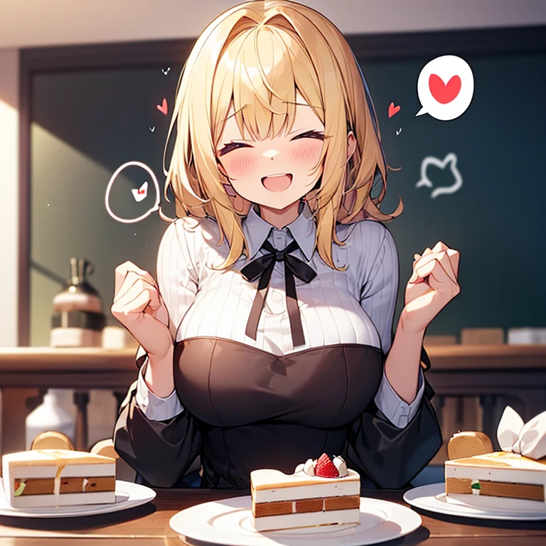 Masterpiece, Top quality, 1 beautiful girl, sitting, (1 piece of cake:1.2) , (looking at cake on table:1.5), blond, wave Hair, medium hair, diagonal bangs, junior high school student,  big breasts, standard weight, Off-the-shoulder sweater, (delighted :1.5) , surprised:1.2, (spoken heart :1.5), closed eyes, open big mouth, beautiful scene of cafe,  blurry background, magnificent panorama view, from front, hands up, upper body