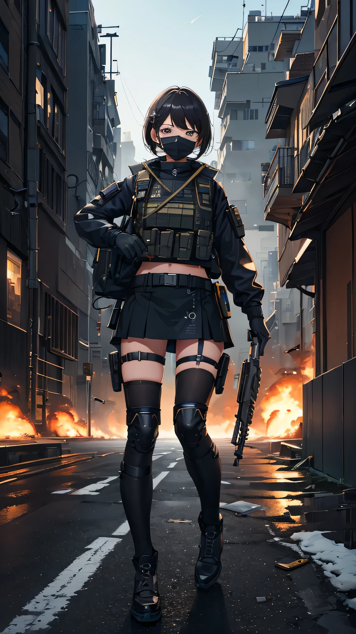 ((high quality)), ((masterpiece)), 8k, One girl, Bulletproof vest, light, Highly detailed CG Unity 8k wallpaper, Game CG, View your viewers, gloves, boots, whole body, clock, computer, mask, Drone, Have a weapon, Jacket, (Background Destroyed city , explosion , cigarette