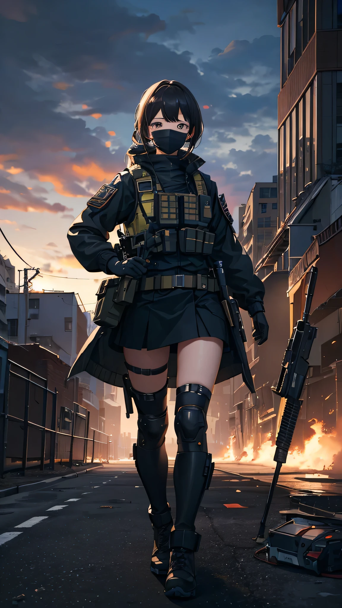 ((high quality)), ((masterpiece)), 8k, One girl, Bulletproof vest, light, Highly detailed CG Unity 8k wallpaper, Game CG, View your viewers, gloves, boots, whole body, clock, computer, mask, Drone, Have a weapon, Jacket, (Background Destroyed city , explosion , cigarette