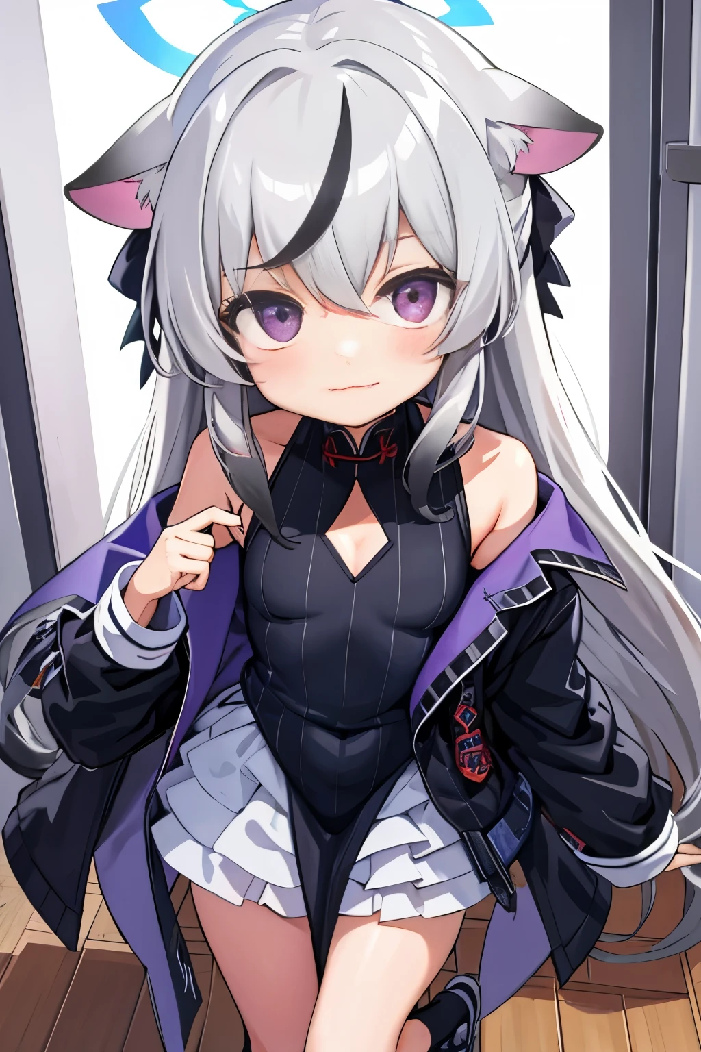 tmasterpiece， best qualtiy， ultra - detailed， 1girll，Gray hair Kokona， inside in room， Purple eye， ：3，the face  closeup cleavage,  Winter suit, winter wonder