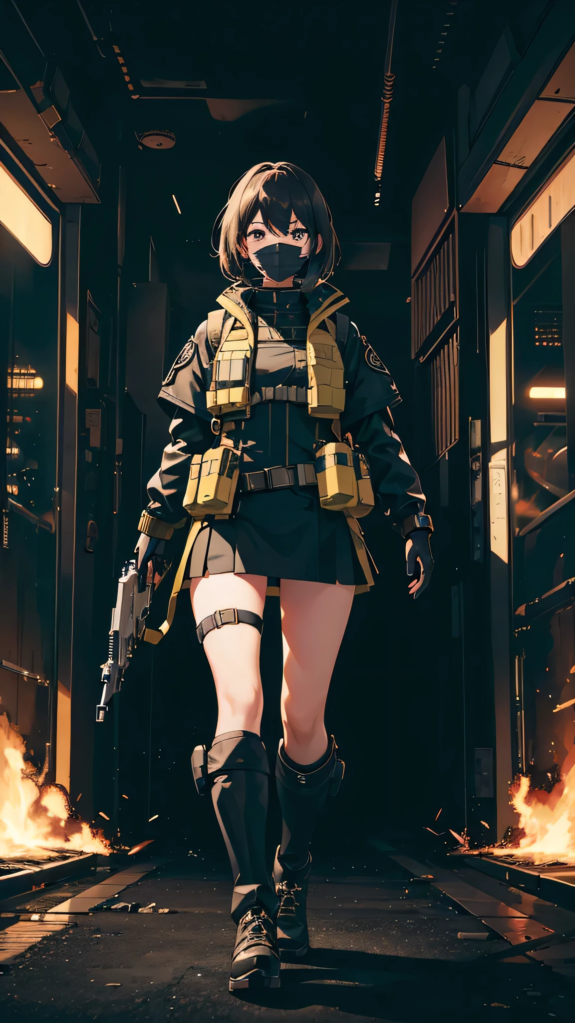 ((high quality)), ((masterpiece)), 8k, One girl, Bulletproof vest, light, Highly detailed CG Unity 8k wallpaper, Game CG, View your viewers, gloves, boots, whole body, clock, computer, mask, Drone, Have a weapon, Jacket, (Background Destroyed city , explosion , cigarette