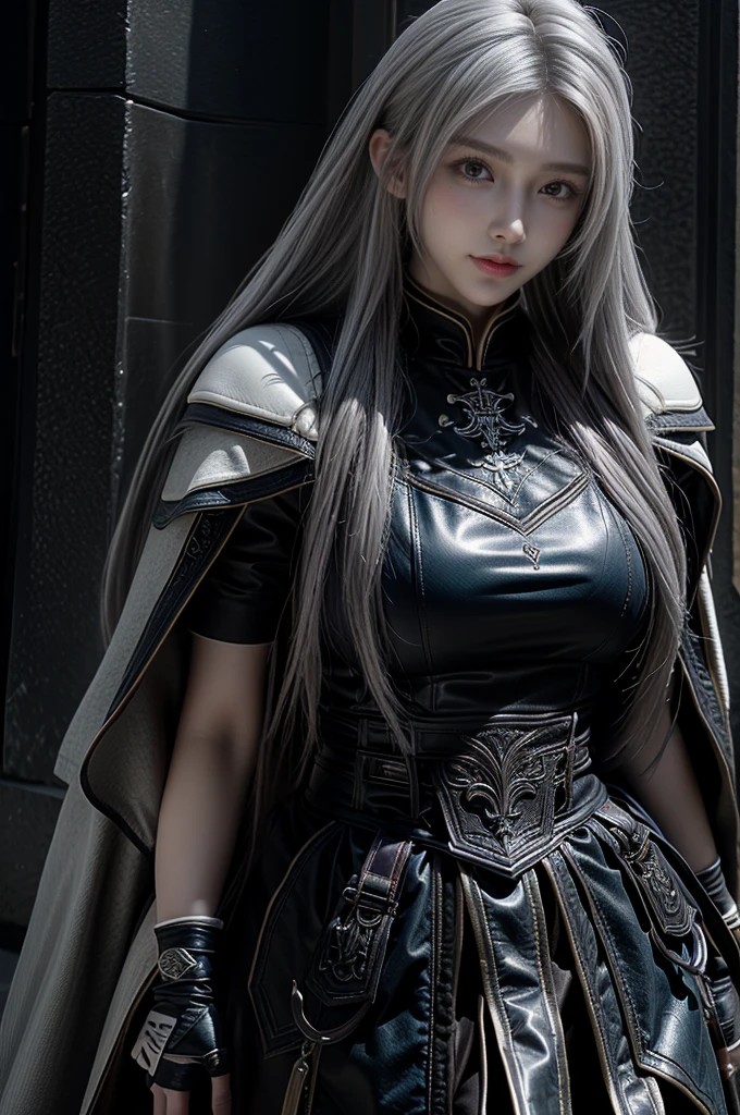 masterpiece，Best quality，high resolution，8K，((portrait))，(Head close-up)，original photo，real picture，Digital Photography，(medieval fantasy style的女性冒险者)，(medieval female adventurer)，25-year-old female，(Dark blue gradient for hair)，Short white hair，Red Eyes，(White gray gradient long hair，White)，(Large Breasts)，Luxurious decoration，Open lips，Keep your mouth smooth and attractive，((frown))，Serious and arrogant，Calm and handsome，(Medieval leather in a dreamy style，Combined Armor，Cloak，Animal Leather Armor，coat)，Photo poses，medieval fantasy style，Night city background，oc render reflection texture