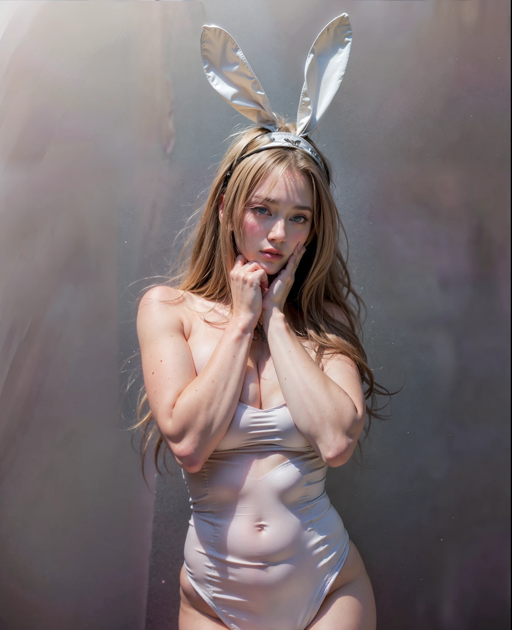 (8K high quality), (milky white skin), (long blonde hair), ((bright blue eyes)), ((Photo taken from the front)), (Beautiful face with double eyelids), (realism: 1.4), ((Wearing dominatrix suit, showing cleavage, showing collarbones, showing arms, thighs, butt cheeks)), ((making eye contact with the audience)), (skin imperfections), (body hair), (((black bikini))), ((slender body)), ((cameltoe)), (eyeglasses), (bunny hairband)