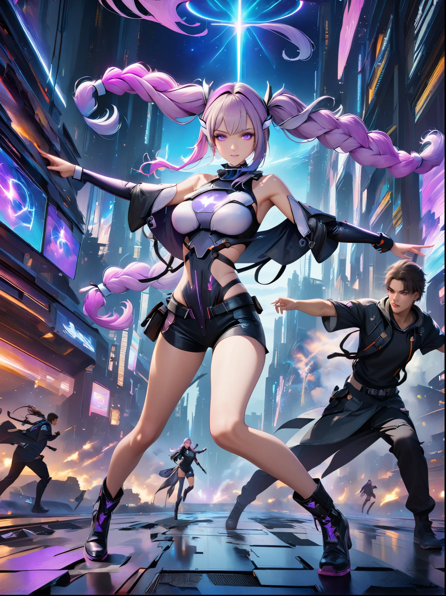 1girl, Purple Hair, Purple Eyes, White long hair, Double ponytails, Gradient hair, brave, White Mech SuitBREAK Black Mech Shorts, (Fighting with a boy:1.5),panoramic,whole body,Starry Sky,Cyber War Background,Complex atmosphere,Cyberpunk,electric,Fantasy, (UHD, masterpiece, ccurate, anatomically correct, best quality, 8k), 1yj1