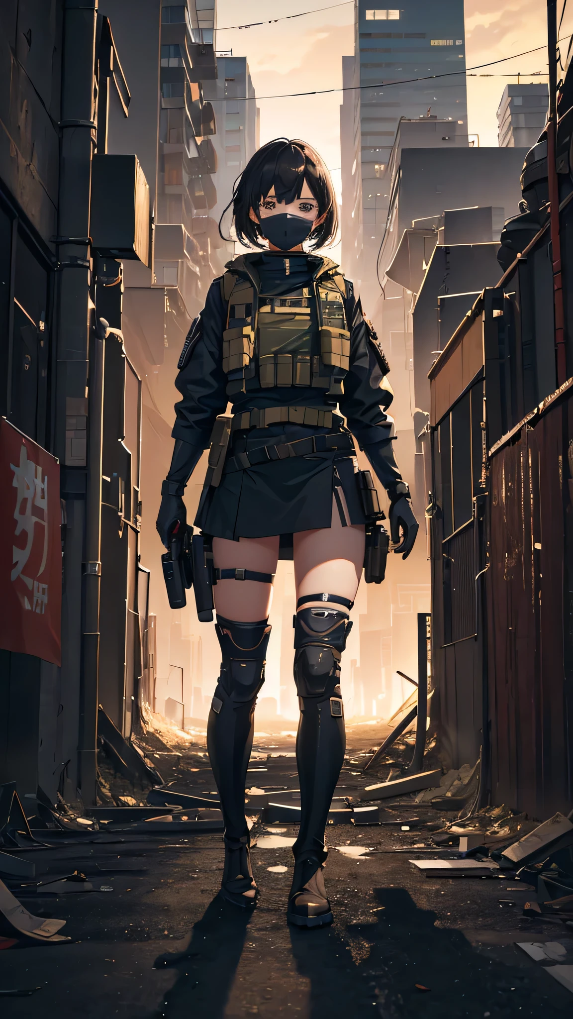 ((high quality)), ((masterpiece)), 8k, One girl, Bulletproof vest, light, Highly detailed CG Unity 8k wallpaper, Game CG, View your viewers, gloves, boots, whole body, clock, computer, mask, Drone, Have a weapon, Jacket, (Background Destroyed city , explosion , cigarette