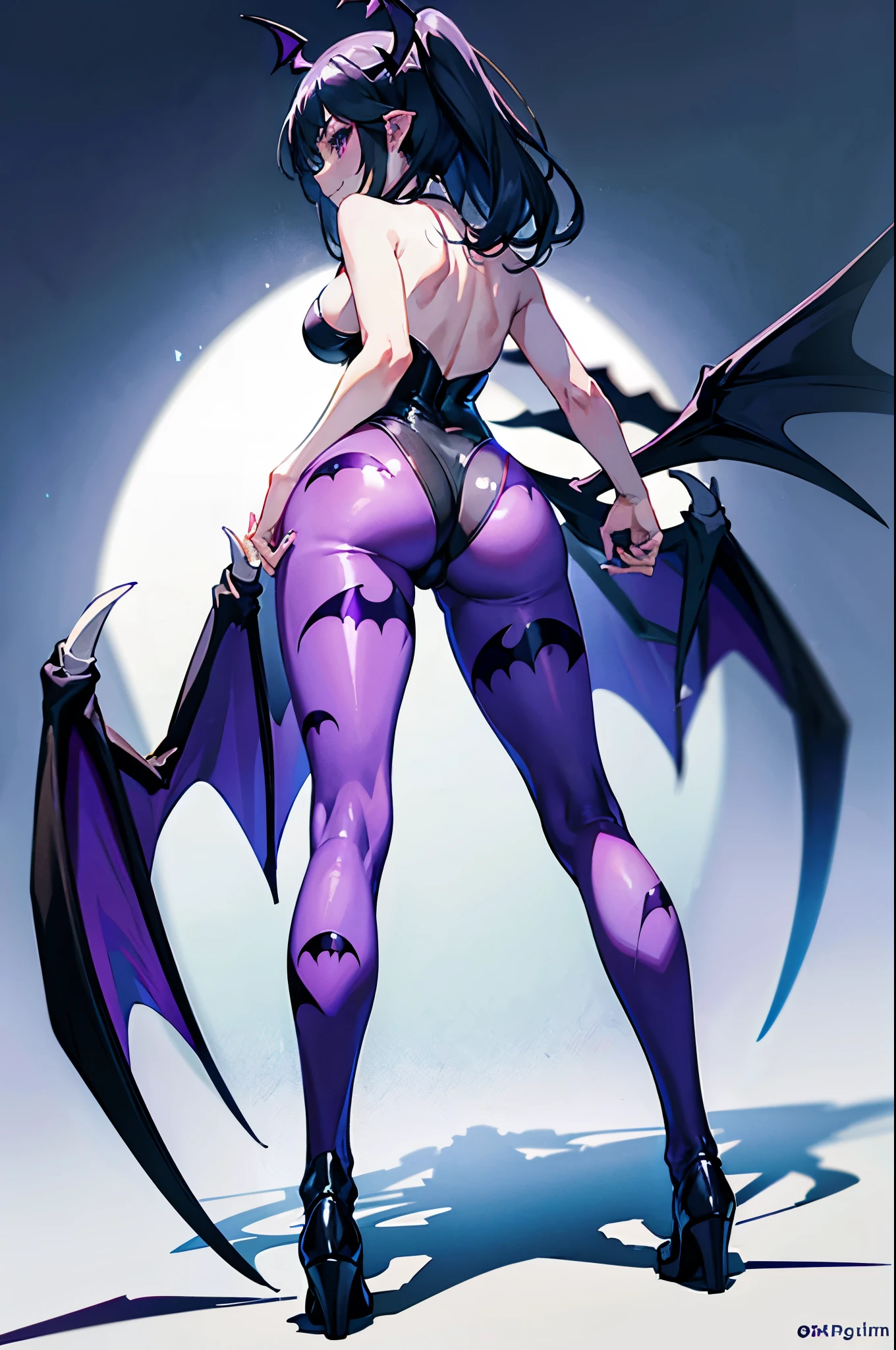 highest quality Highest quality Draw a face carefully High-definition anime-style face Super Glowing Skin Black leotard Bat-print purple pantyhose Succubus lure smile Rear view Back view Morrigan・アーンスランド Morrigan