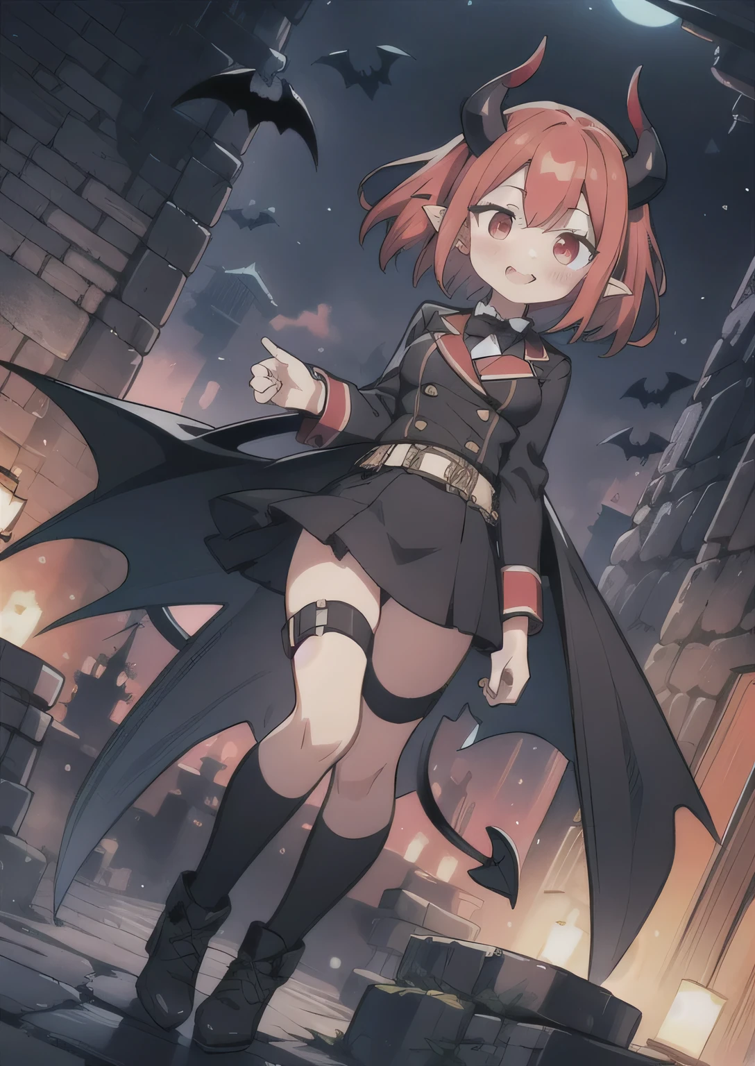 8K, 1girl, petit, adult, kawaii vampire, crimson hair, short hair, red eyes, fang, bat wings, smile, (blush), (shy), pointed ears, looking at viewer, dynamic angle, wind, game cg, fantastic scenery, demon tail, thin tail, black horns, medium breast, show full body, class uniform, dungeons, summon, magic, bats, pet bats