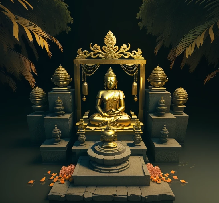 there is a drawing of a buddha statue and a table with fruit, an altar of a temple, sacrificial altar, displayed on an altar, altar, mythical shrine, shrine, temple, temple background, mythical cosmic shrine, a temple, detailed set design, submerged temple ritual scene, hindu kovil scene, cybertronic hindu temple, 3d rendered, 3 d rendered