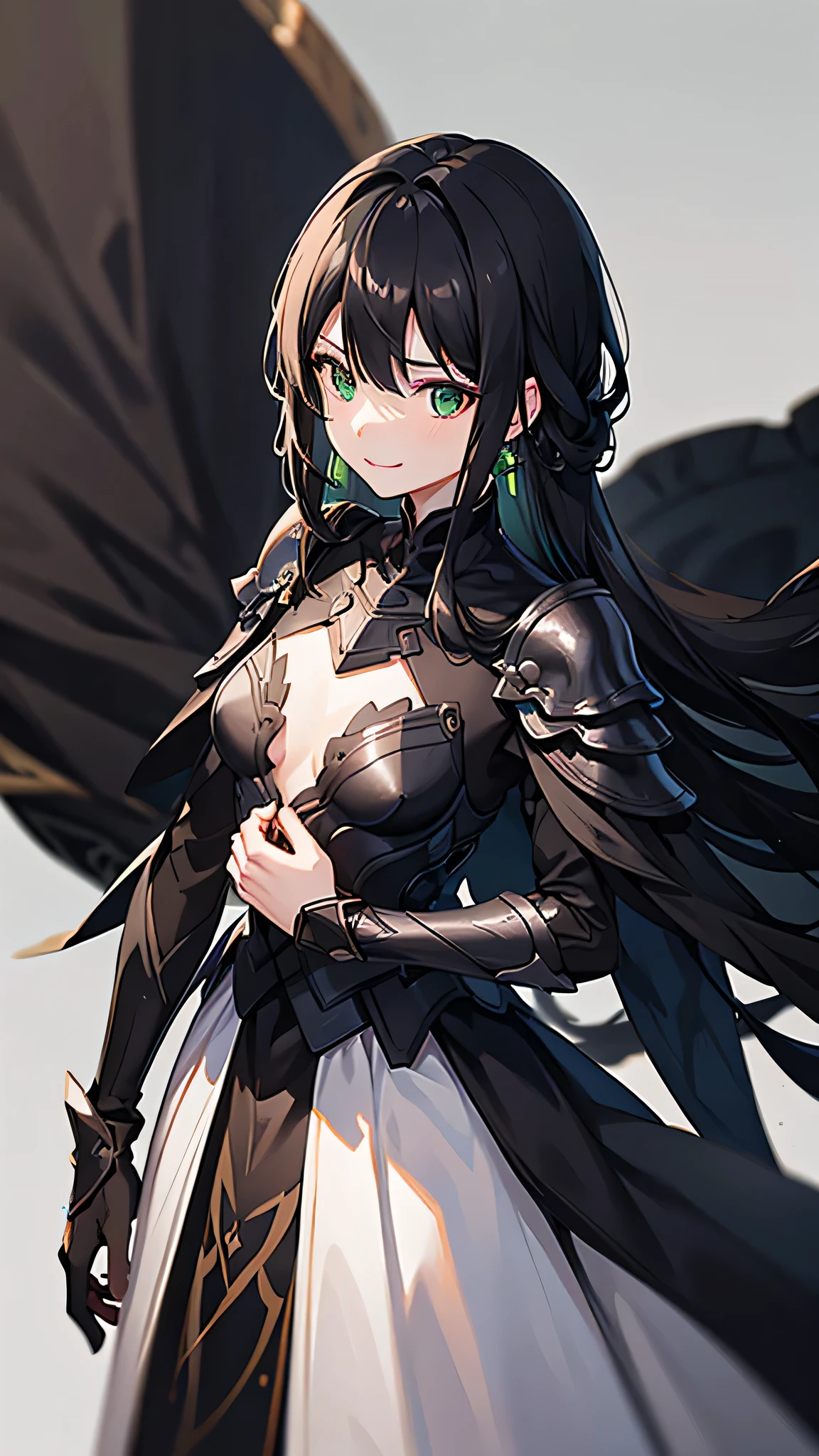 1 of 1 girls, armor, black_hair, Blurred, Blurred_background, Blurred_prospect, chest, green_eye, Closed_mouth, depth_of_Field, Earrings, jewelry, length_hair, Looking_in_Audience, smile, One person in, upper_body