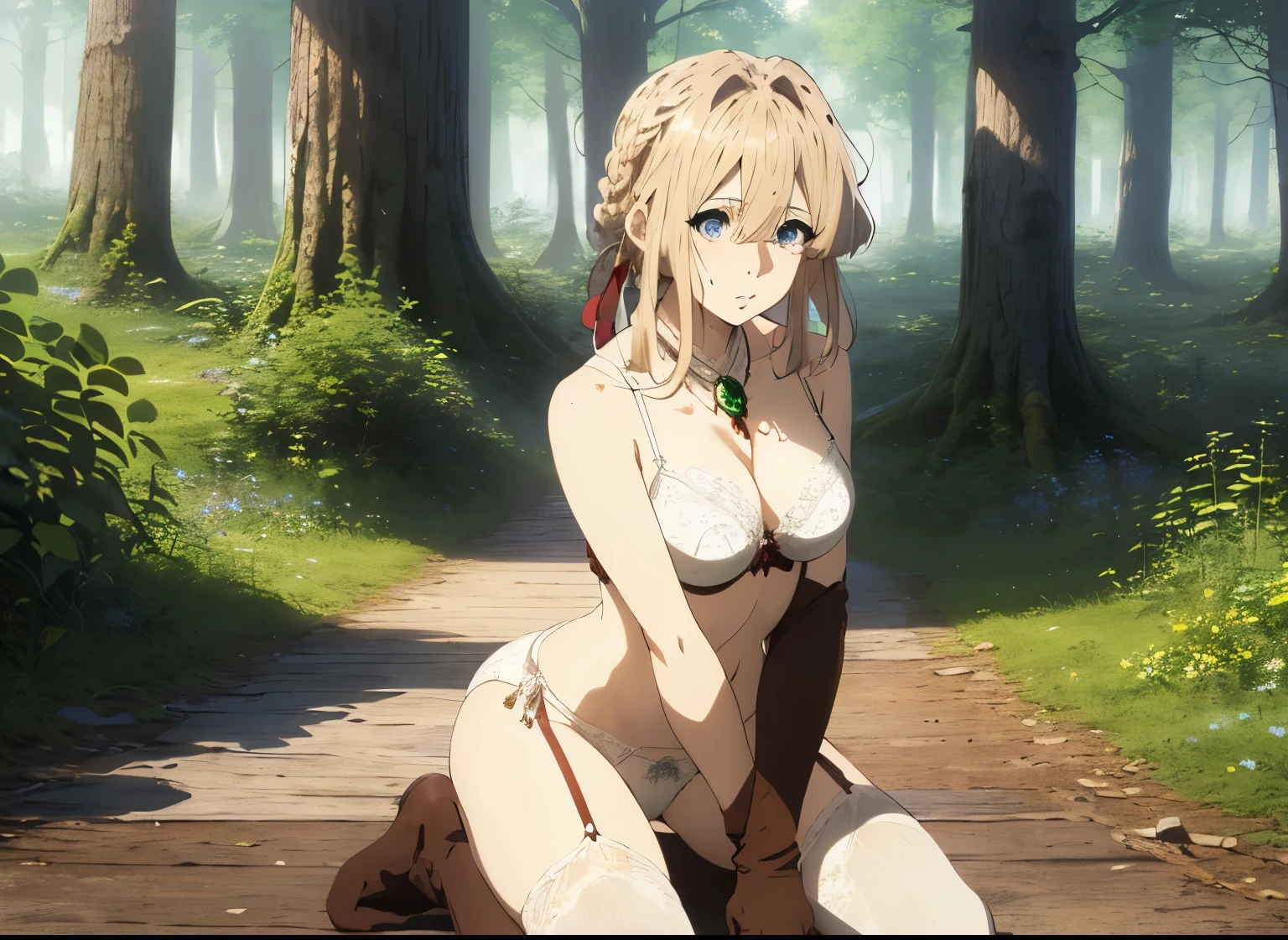 masterpiece,Highly detailed eyes, Shine ,The most detailed face,Most detailed skin,The most detailed hair, Kyoto Animation,highest quality, High resolution, Anime Coloring,Violet Evergarden,kneeling ,(((Braiding, Hair Ribbon, Red ribbon, jewelry, brooch, Brown gloves, ))),in the forest,(((White lace panties,white lace bra ))),White Pantyhose,