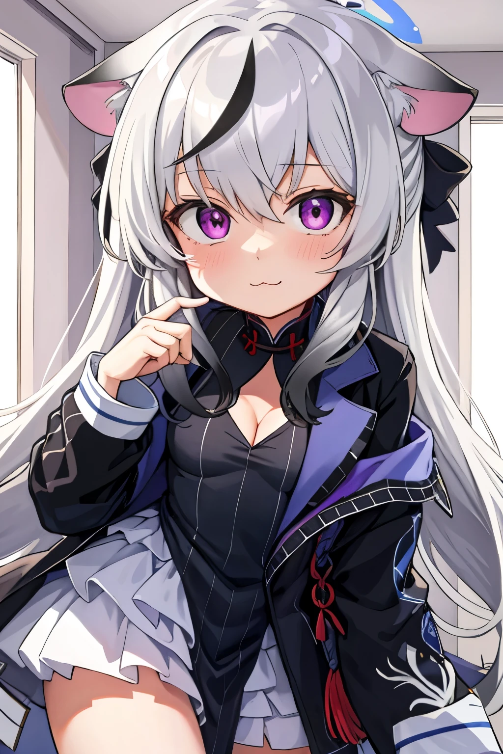 tmasterpiece， best qualtiy， ultra - detailed， 1girll，Gray hair Kokona， inside in room， Purple eye， ：3，the face  closeup cleavage,  Winter suit, winter wonder