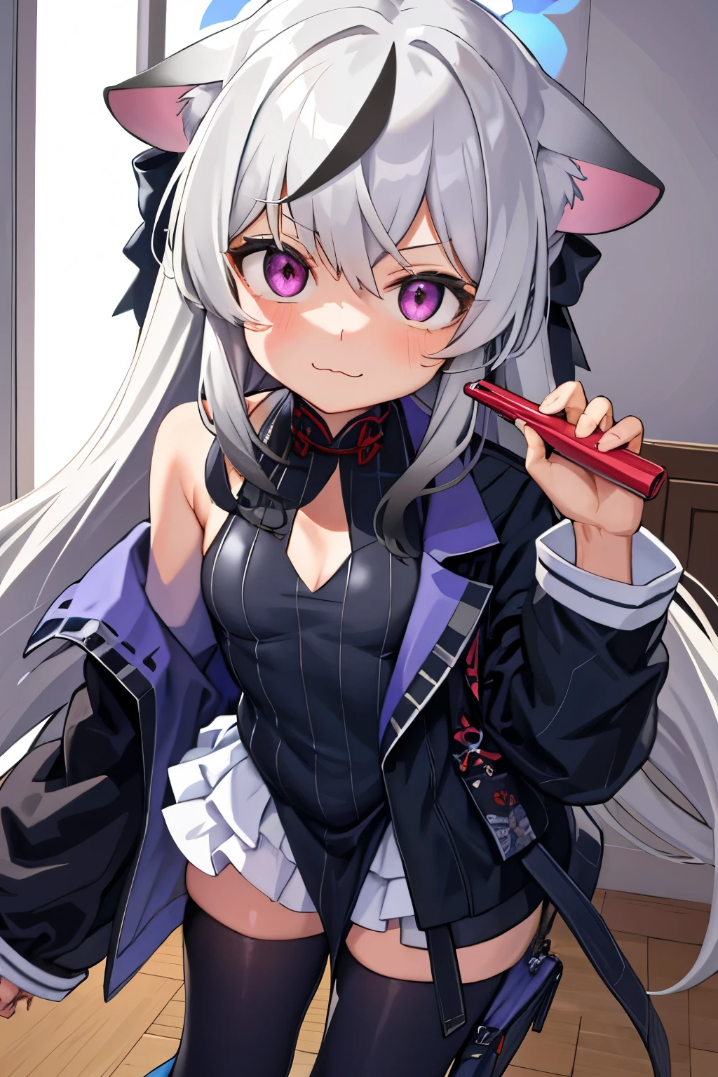 tmasterpiece, best qualtiy, ultra - detailed, 1girll,Gray hair Kokona, inside in room, Purple eye, :3,the face closeup cleavage, Winter suit, winter wonder